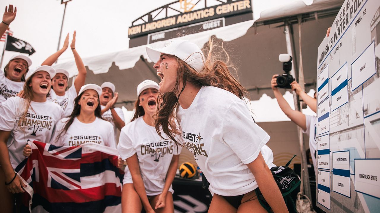 Hawaii water polo's Roni Perlman, middle, and teammates celebrated their Big West tournament championship victory over Long Beach State at the Ken Lindgren Aquatics Center in Long Beach, Calif., on Sunday.