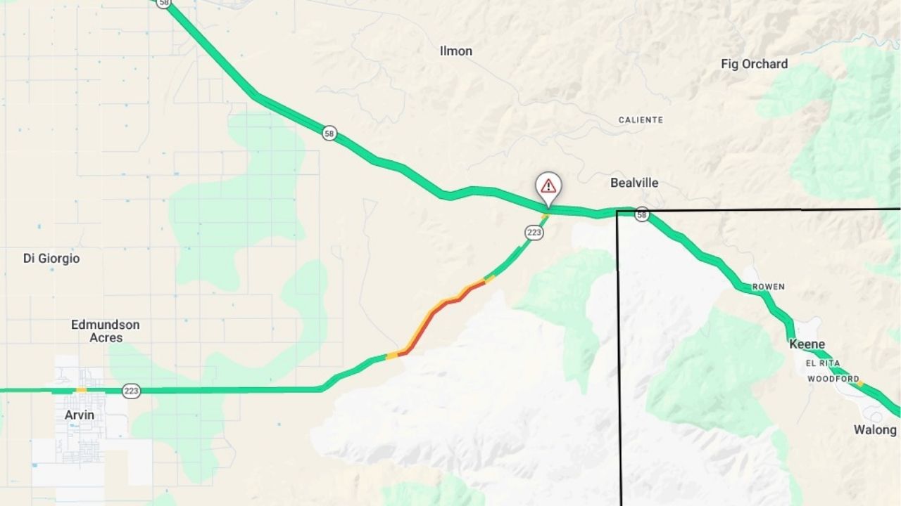 Highway 223 in Kern County is fully closed between General Beale Road and State Route 58 due to a big rig fire, with no estimated reopening time. (Caltrans)