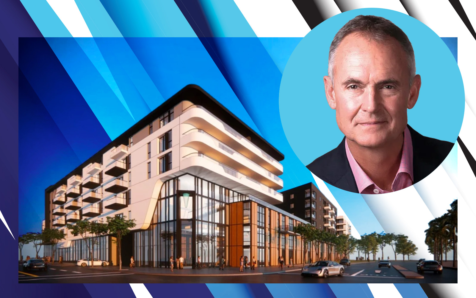 Holland Partner Group's Clyde Holland with renderings of 6700 East Pacific Coast Highway, Long Beach