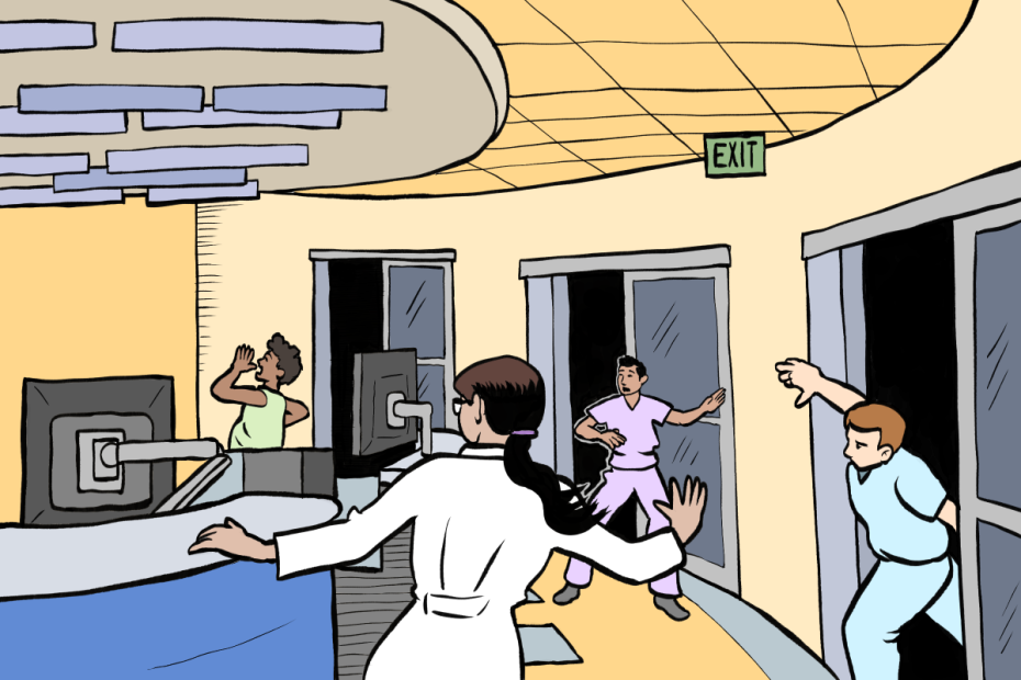 Four people in scrubs and lab coats react with alarm in a hospital or clinic reception area, some moving toward exits labeled "EXIT.