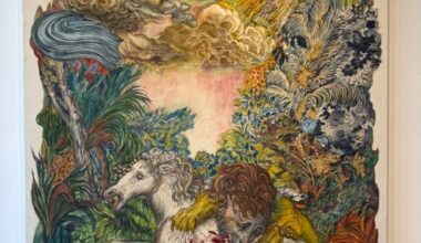 Ken Gun Mun Strange Days of a Quiet Sun painting with unicorn and figure in surreal landscape with beadwork detail