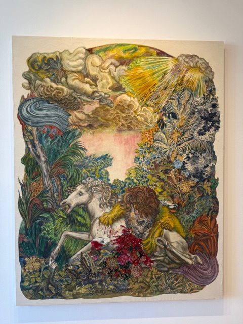 Ken Gun Mun Strange Days of a Quiet Sun painting with unicorn and figure in surreal landscape with beadwork detail