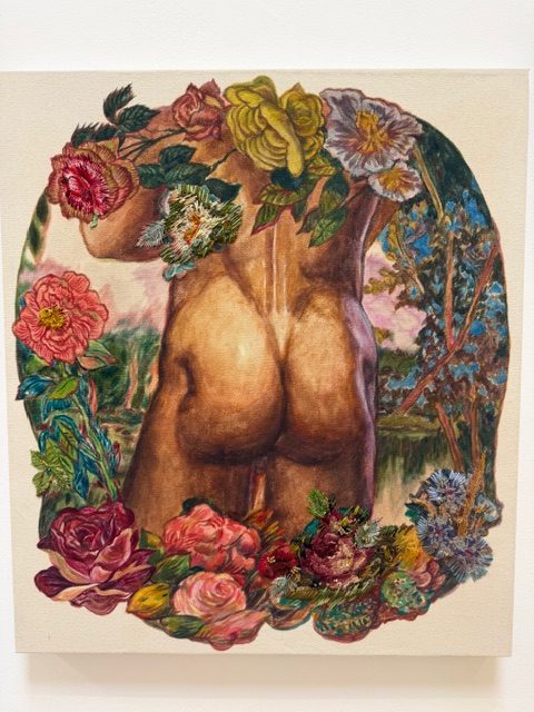 Ken Gun Mun Strange Days of a Quiet Sun figurative painting with floral elements and mixed media detail