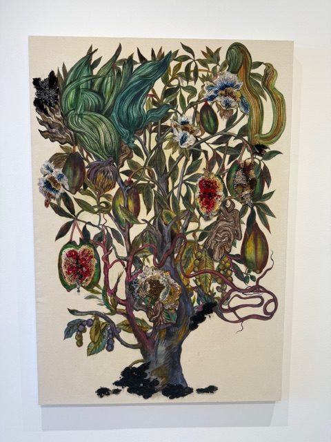 Ken Gun Mun Strange Days of a Quiet Sun mixed media tree composition with flowers and textile elements