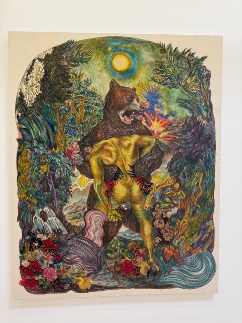 Ken Gun Mun Strange Days of a Quiet Sun painting with bear and human figure in dense surreal forest scene