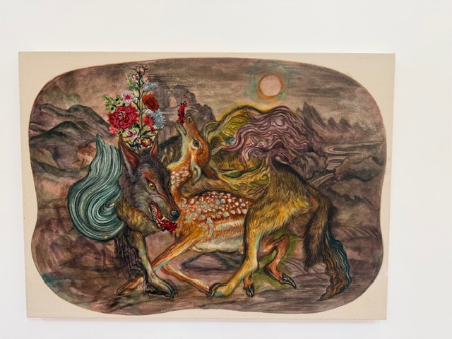 Ken Gun Mun Strange Days of a Quiet Sun painting with hybrid animal figures in muted landscape