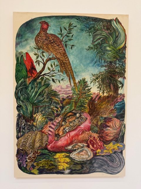 Ken Gun Mun Strange Days of a Quiet Sun painting with bird and shell forms in surreal natural setting