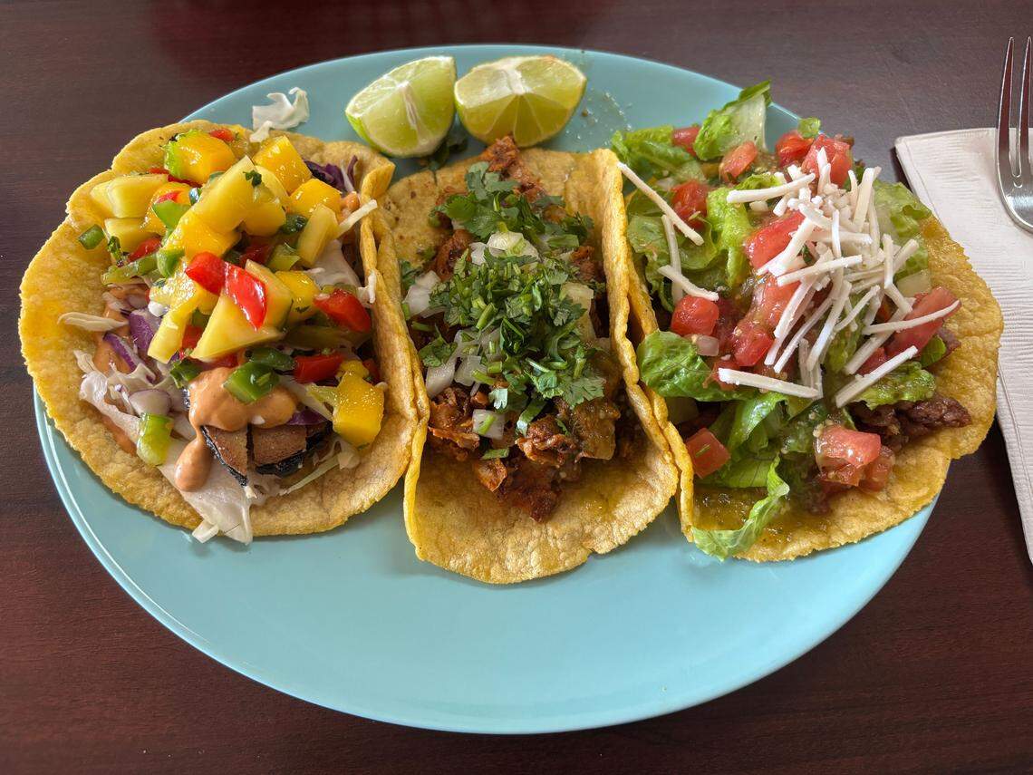 Three large vegan tacos at El Cantaro Vegan Taqueria in Rosemont, including meatless ground beef, chicken and fish options.