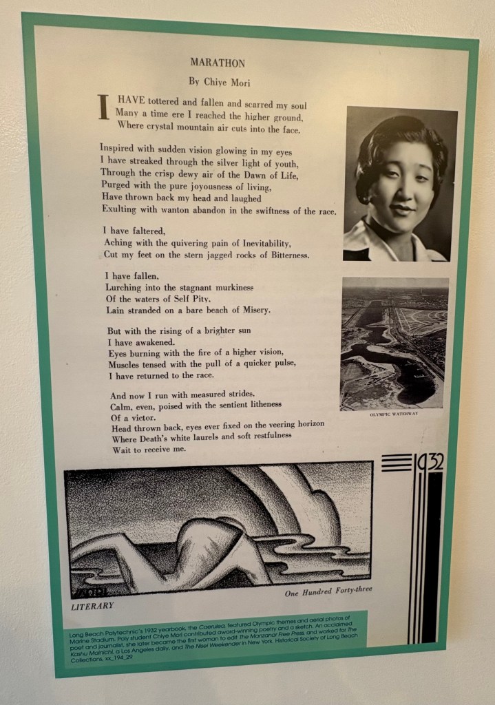 Chiye Mori's poem "Marathon" is on display in the Historical Society of Long Beach's "Olympics on the Golden Shore" exhibition on March 20, 2026. (Ryan Hardison | Signal Tribune)