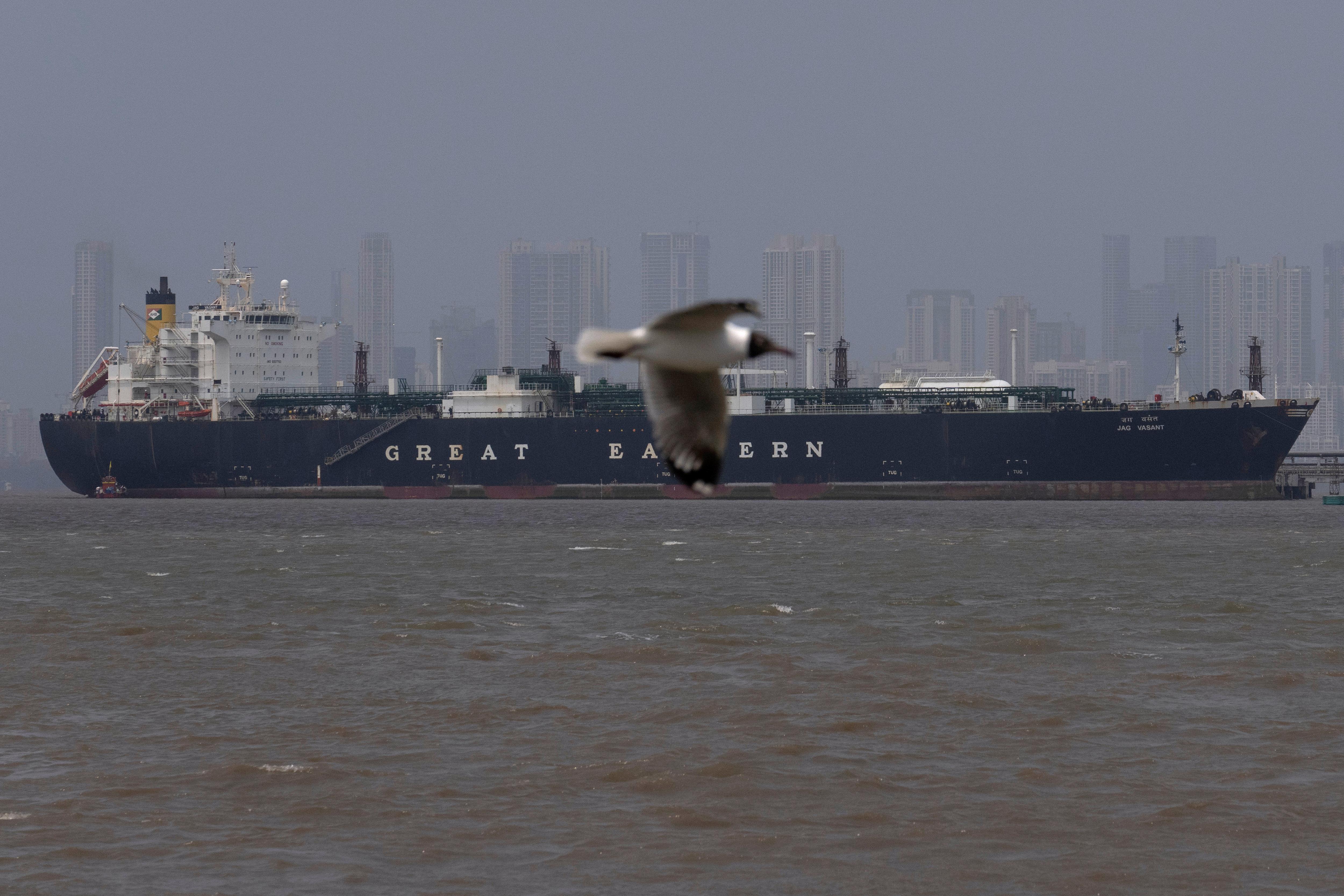 The LPG carrier Jag Vasant transporting liquefied petroleum gas at the Mumbai Port.