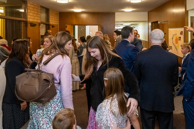 Latter-day Saints in Pacific Palisades, California, attend the April 12, 2026, rededication service of the church meetinghouse that was renovated following the January 2025 California wildfires.