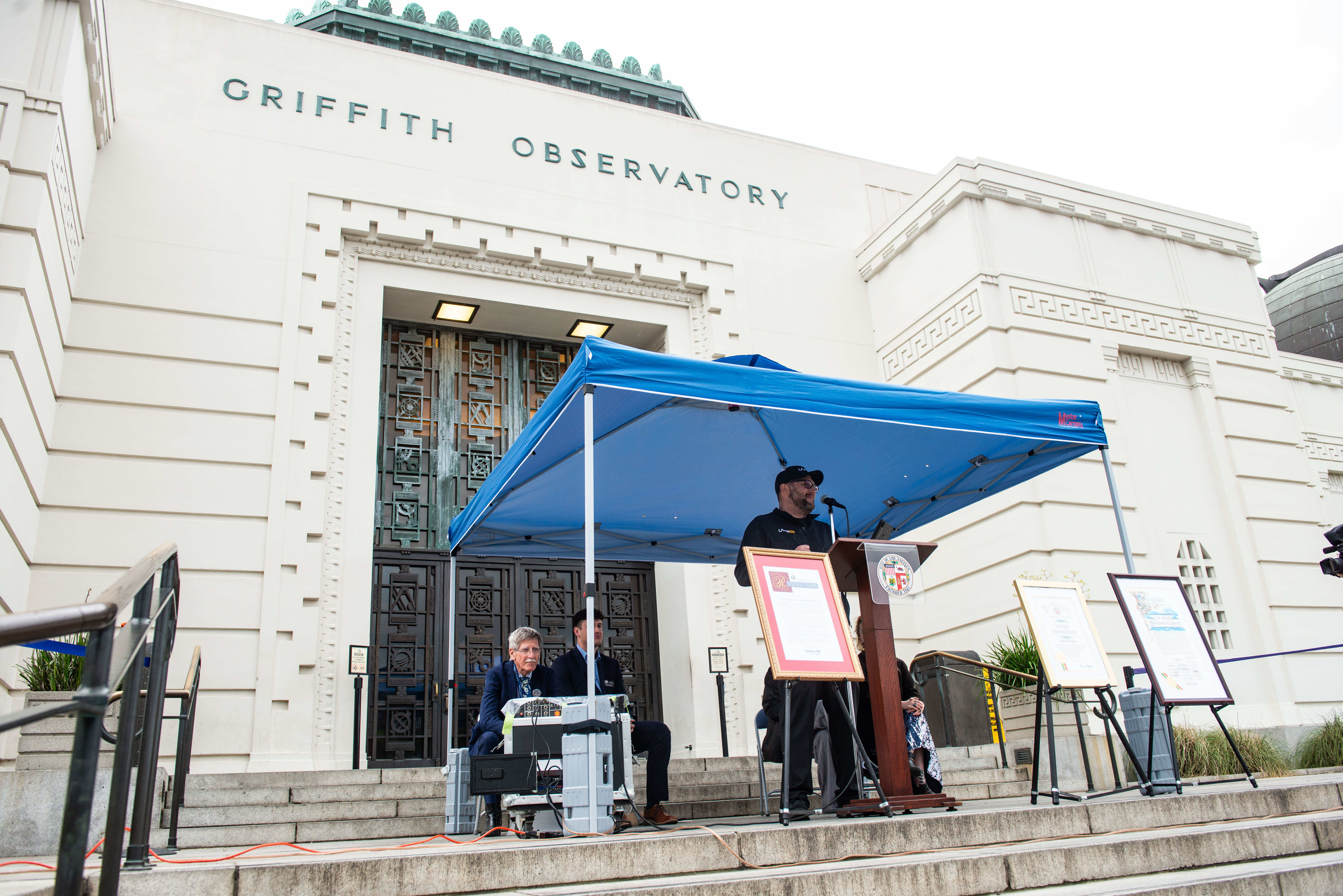Los Angeles Astronomical Society President Keith Armstrong speaks during the...