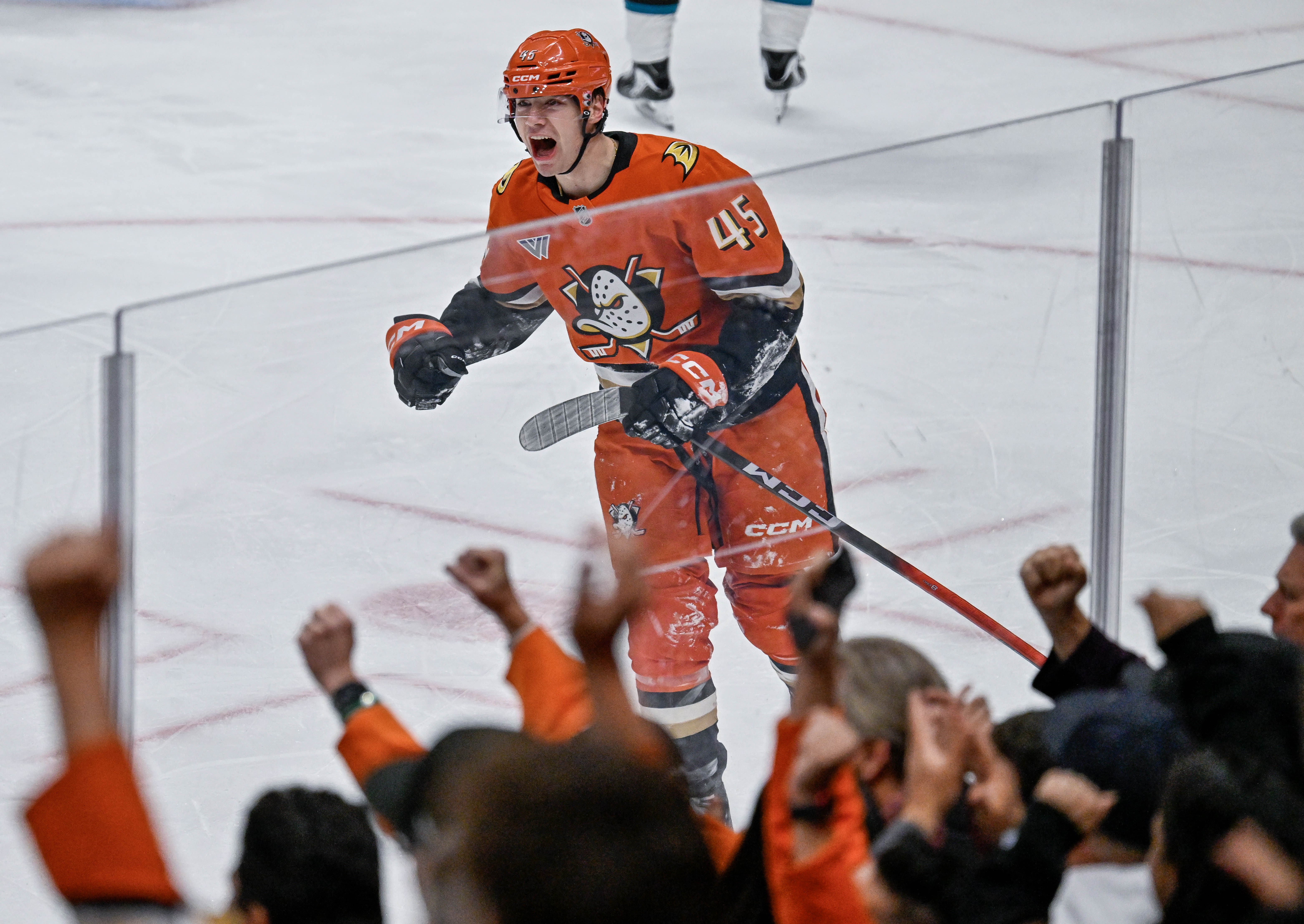 The Ducks’ Beckett Sennecke celebrates after a goal by teammate...