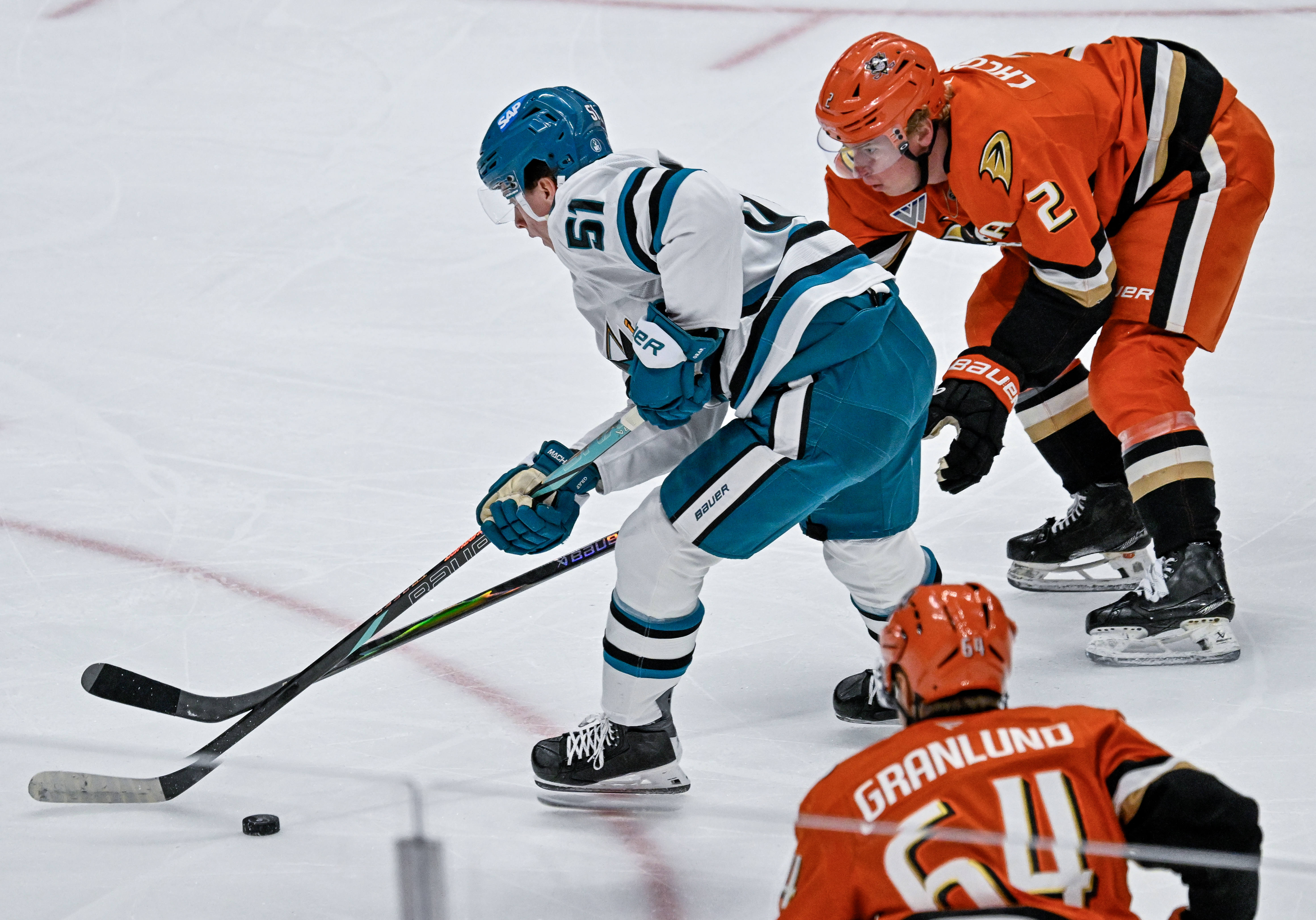 The San Jose Sharks’ Collin Graf (51) controls the puck...