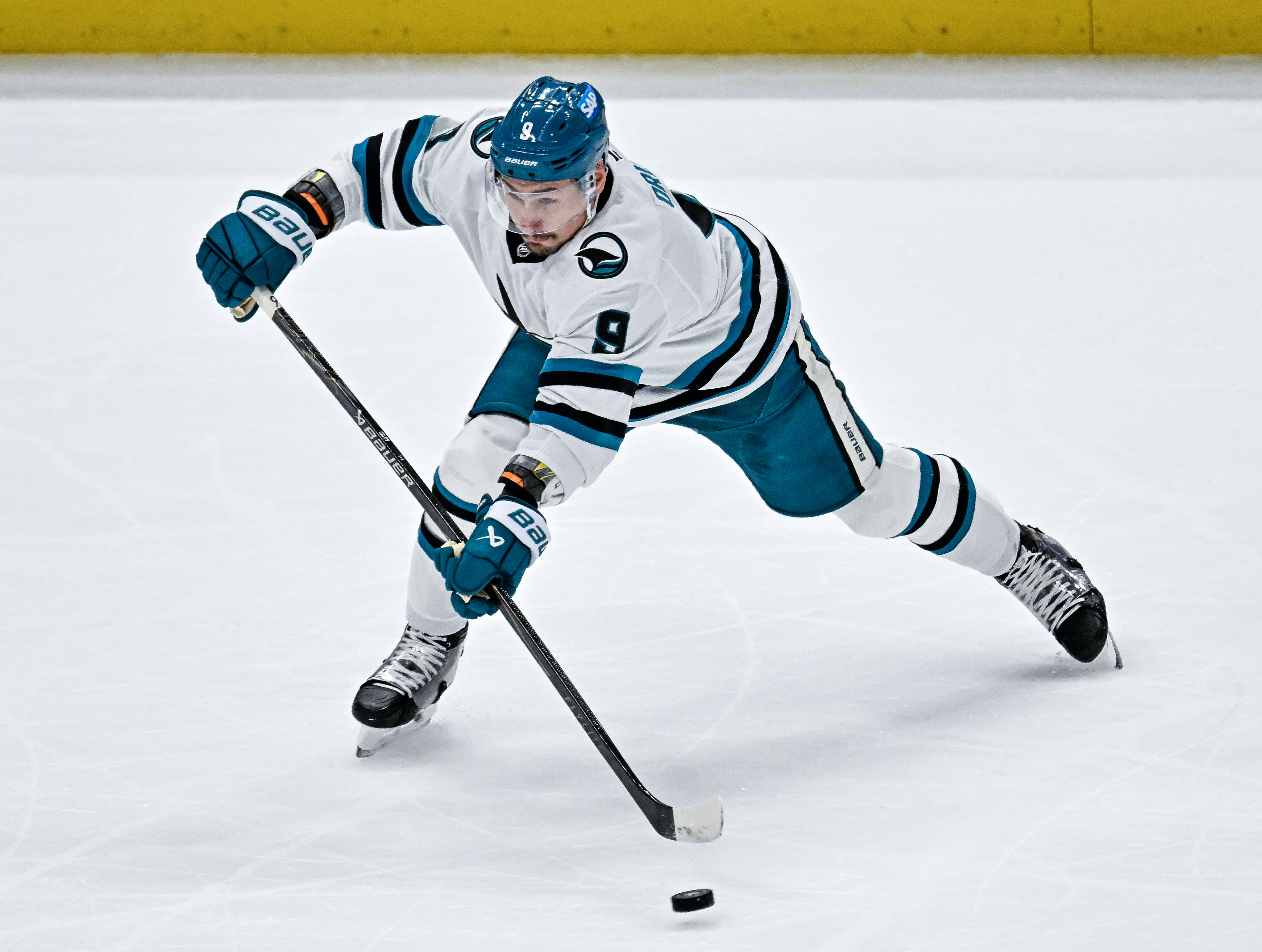 The San Jose Sharks’ Dmitry Orlov takes a shot on...