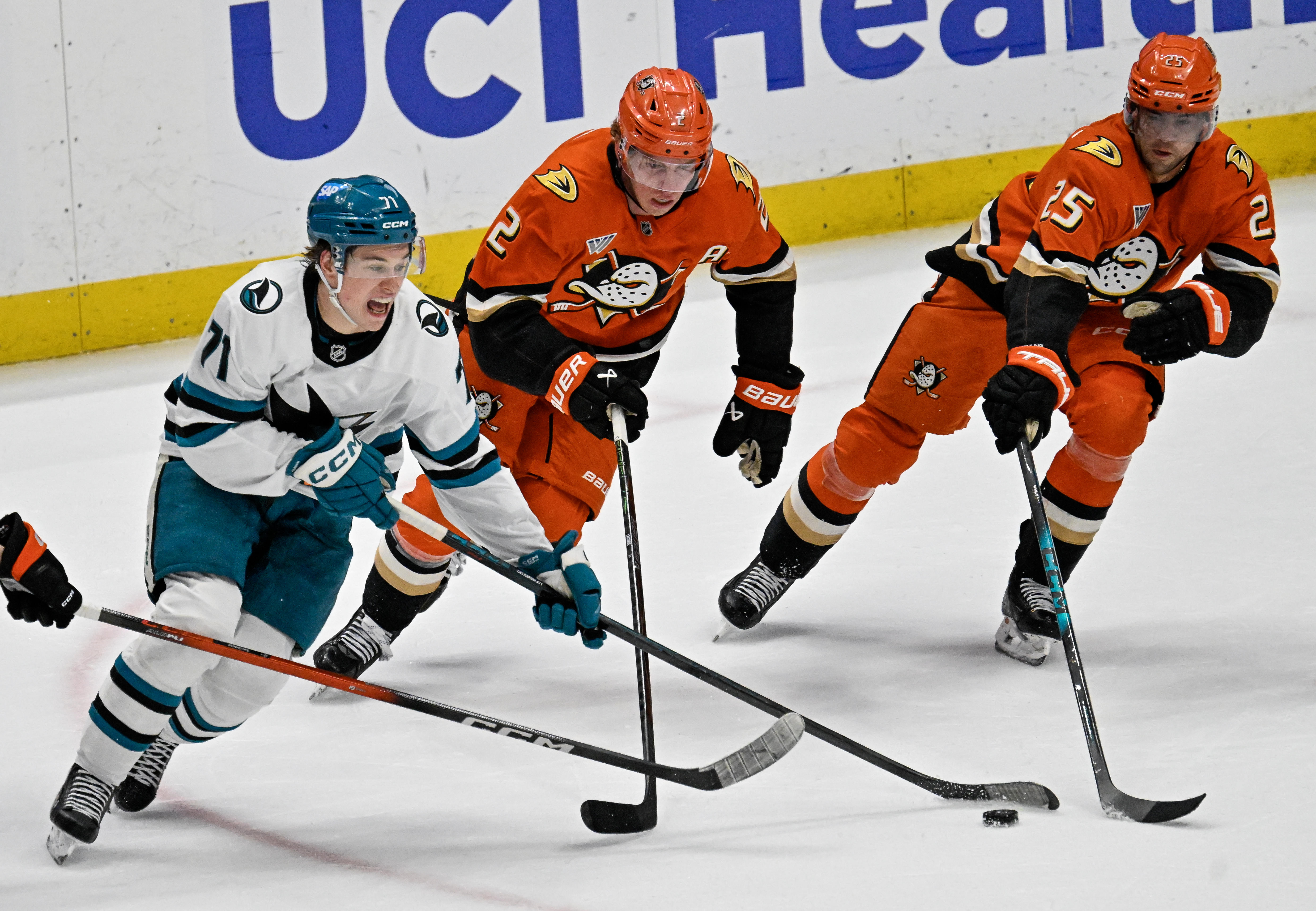 San Jose Sharks star Macklin Celebrini, left, controls the puck...