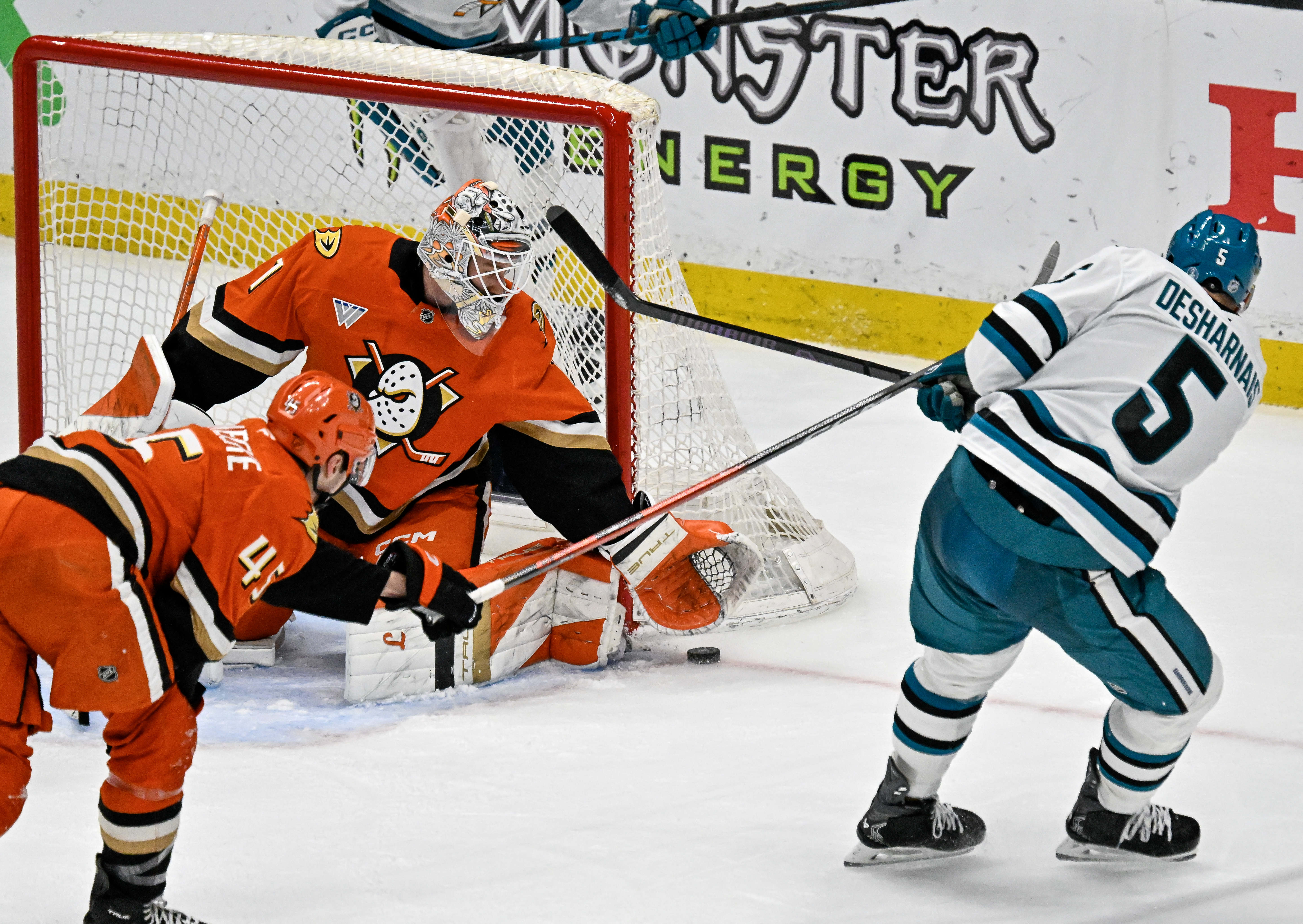 The San Jose Sharks’ Vincent Desharnais (5) of the Sharks...