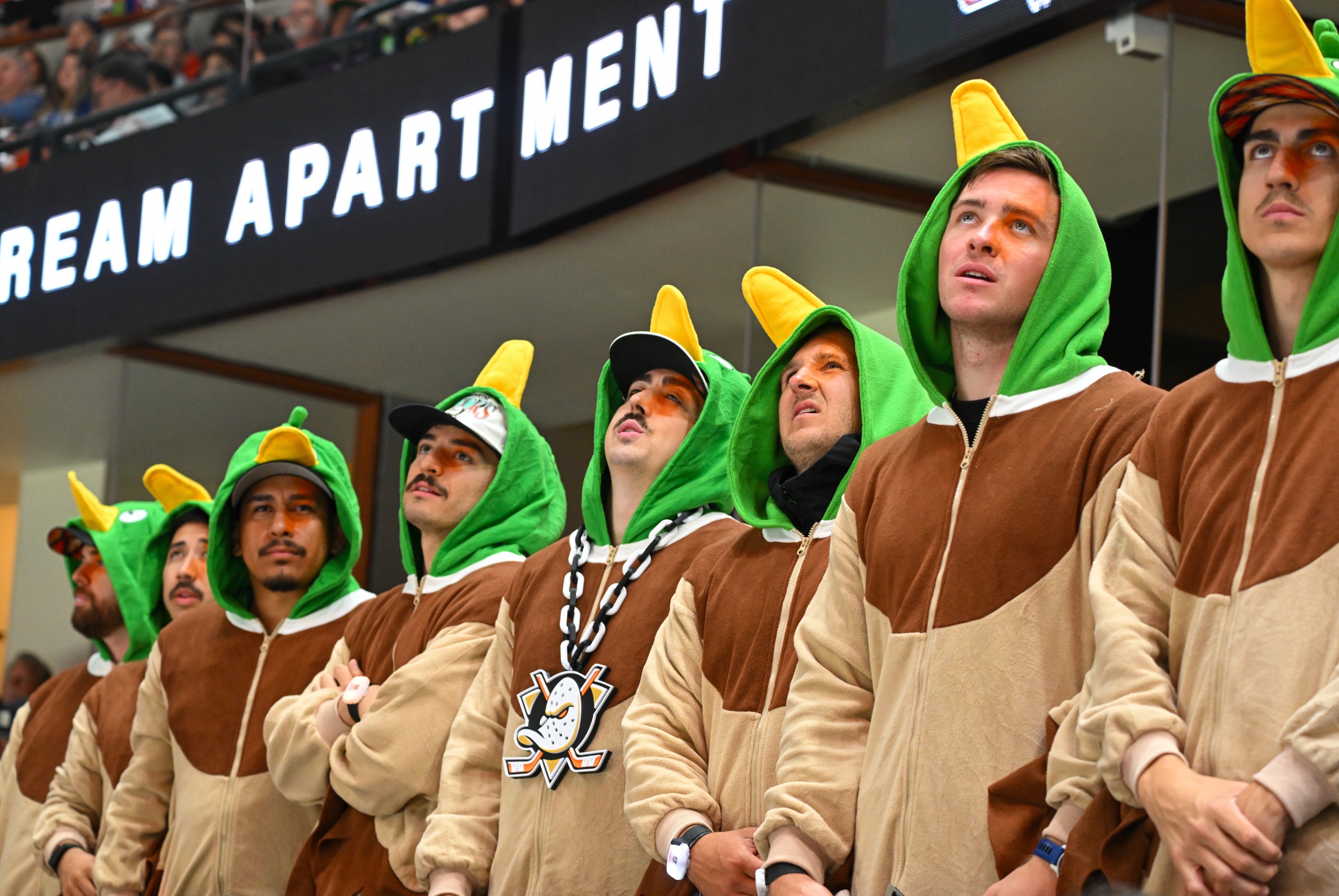 Ducks fans react in the second period as they take...