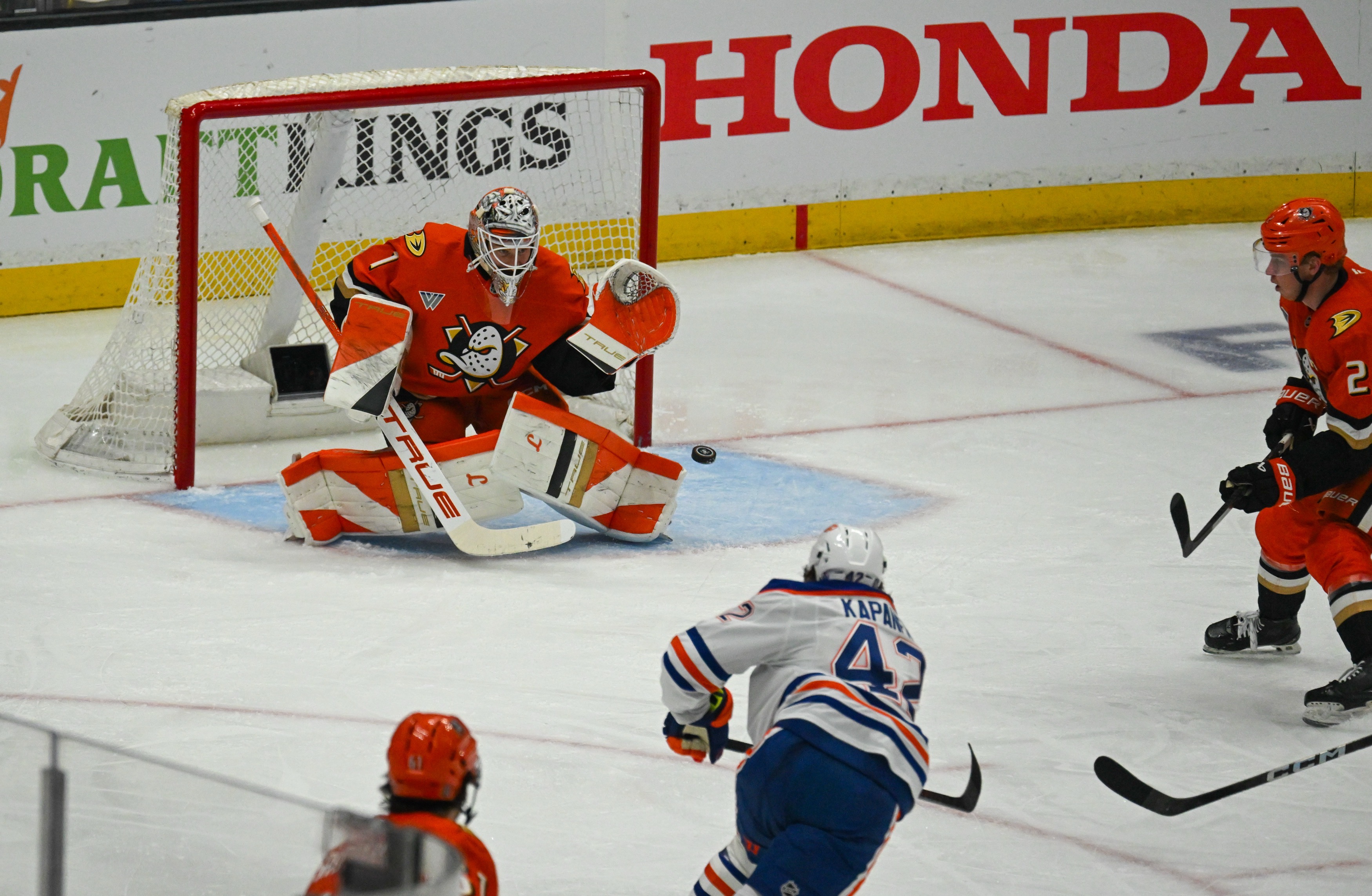 Edmonton Oilers Kasperi Kapanen (42) scores on Ducks Lukas Dostal...