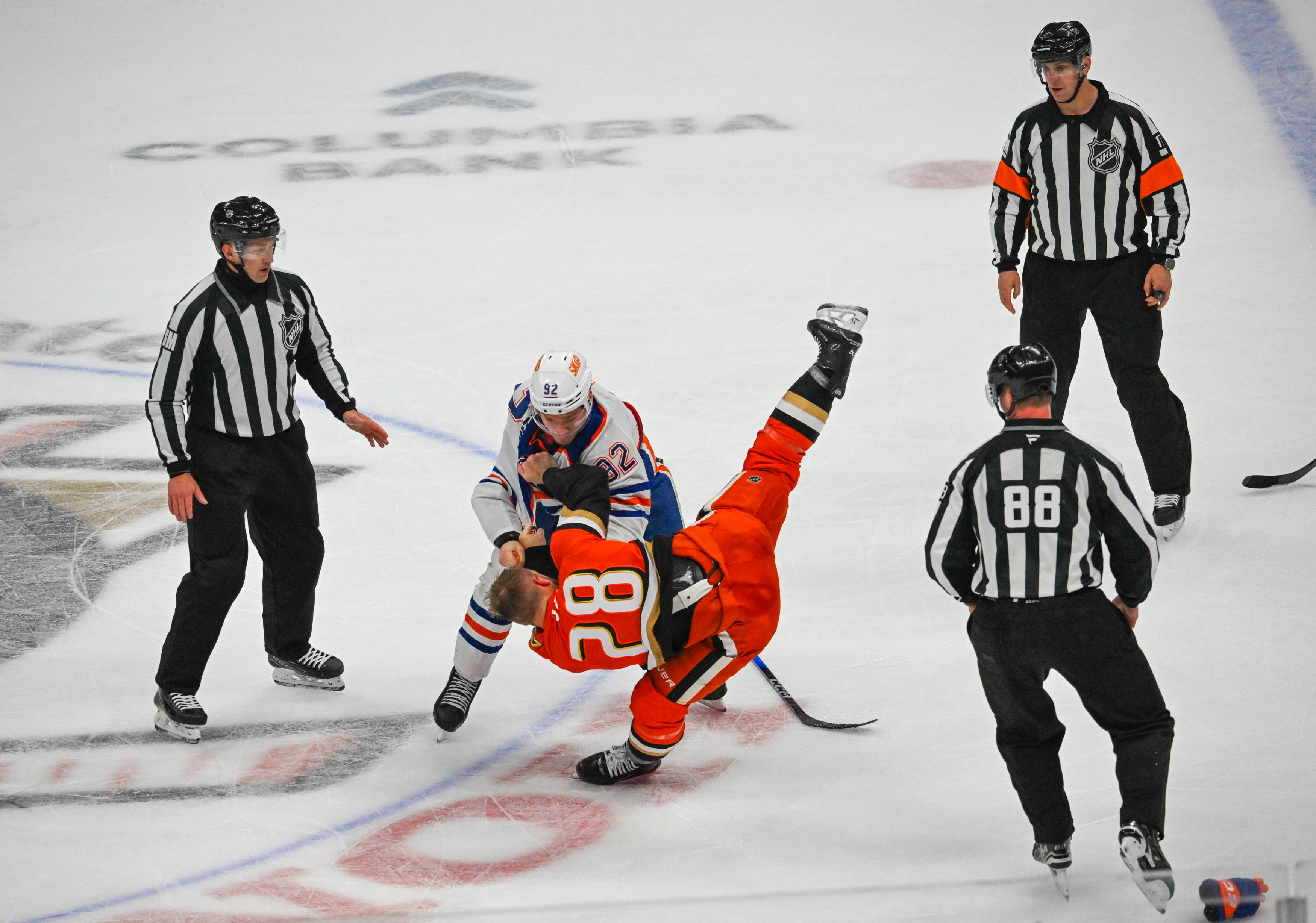 Edmonton Oilers Vasily Podkolzin (92) and Ducks Jeffrey Viel (28)...
