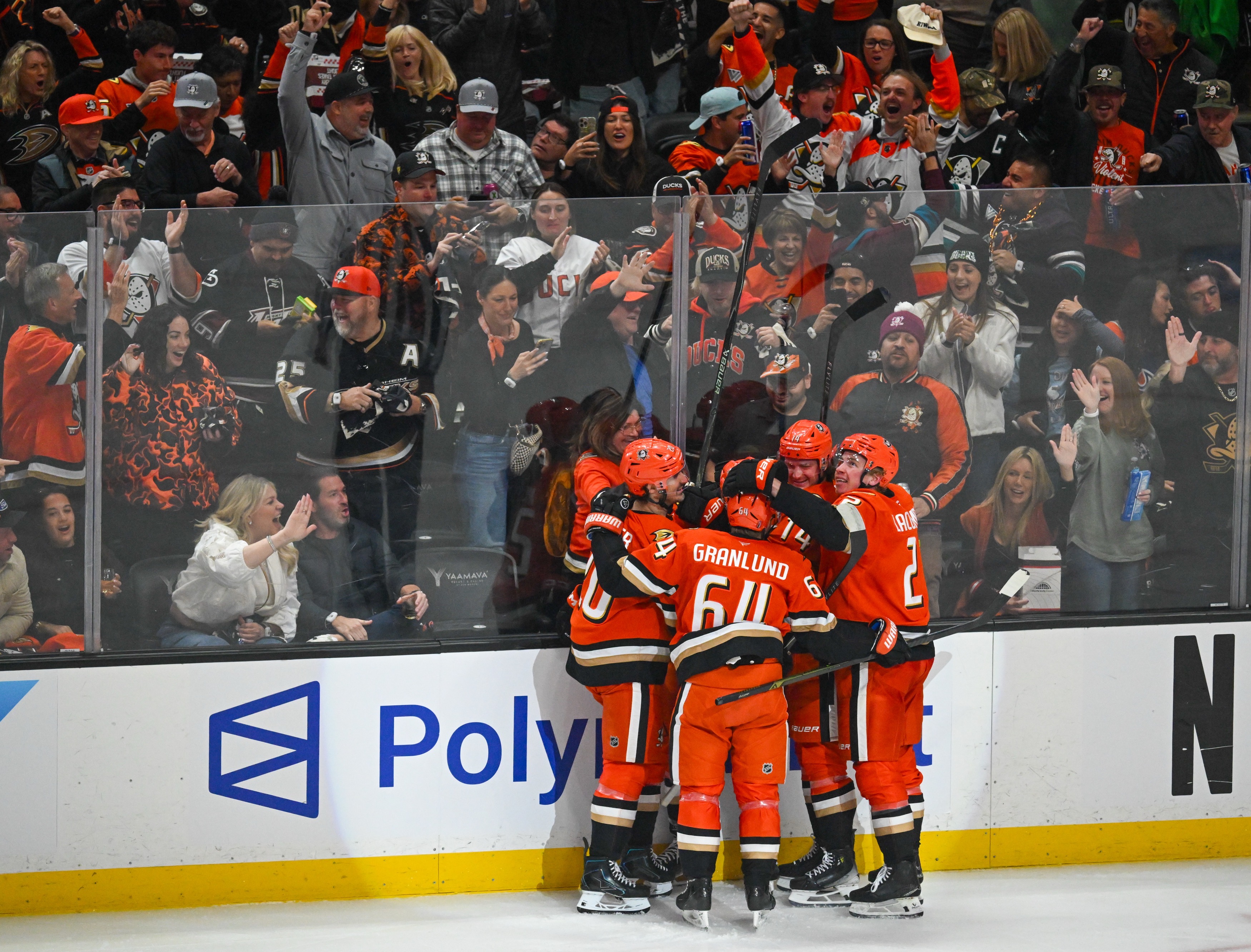 Ducks celebrate a goal against Edmonton Oilers in the second...