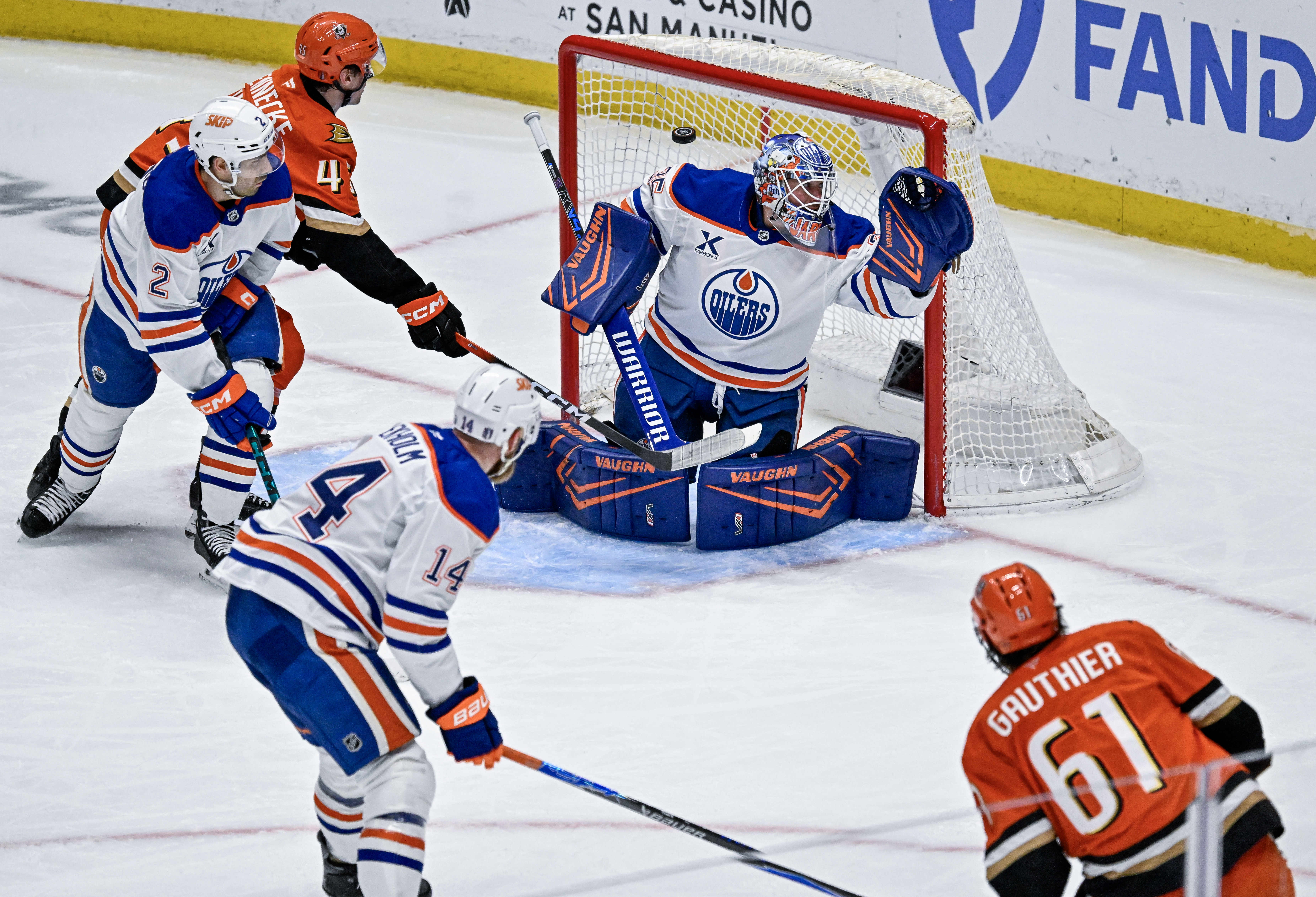 The Ducksâ Cutter Gauthier (61), bottom right, shoots and scores...