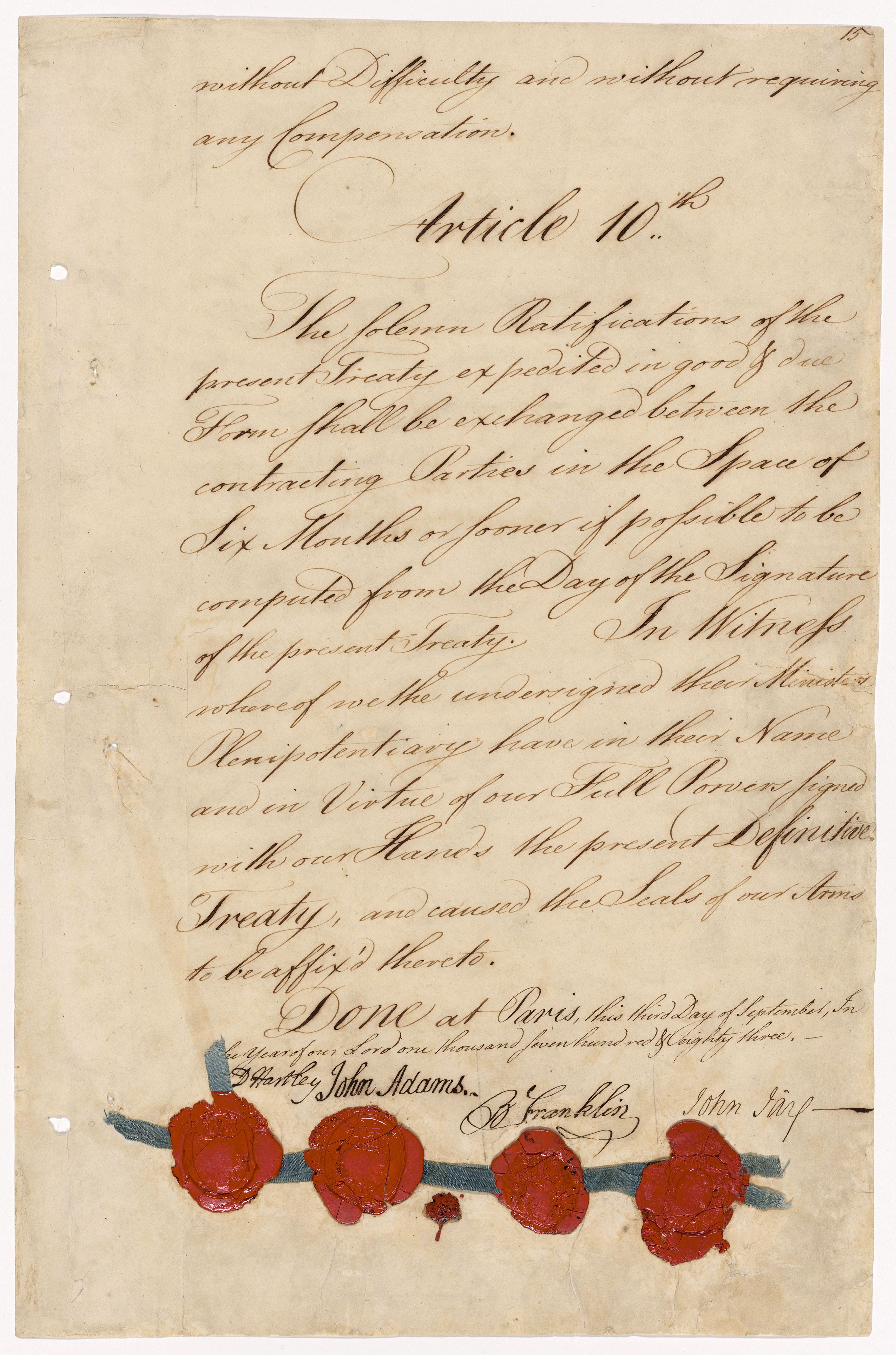 Last page of the Treaty of Paris. In celebration of...
