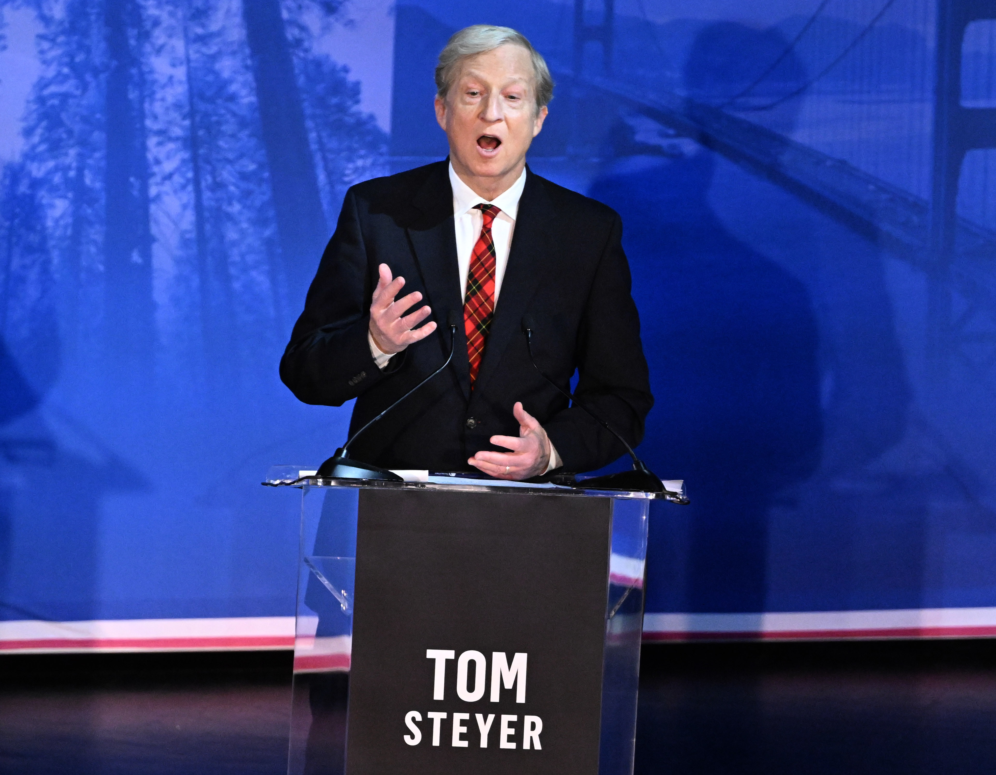 California gubernatorial candidate Tom Steyer speaks during a 2026 California...