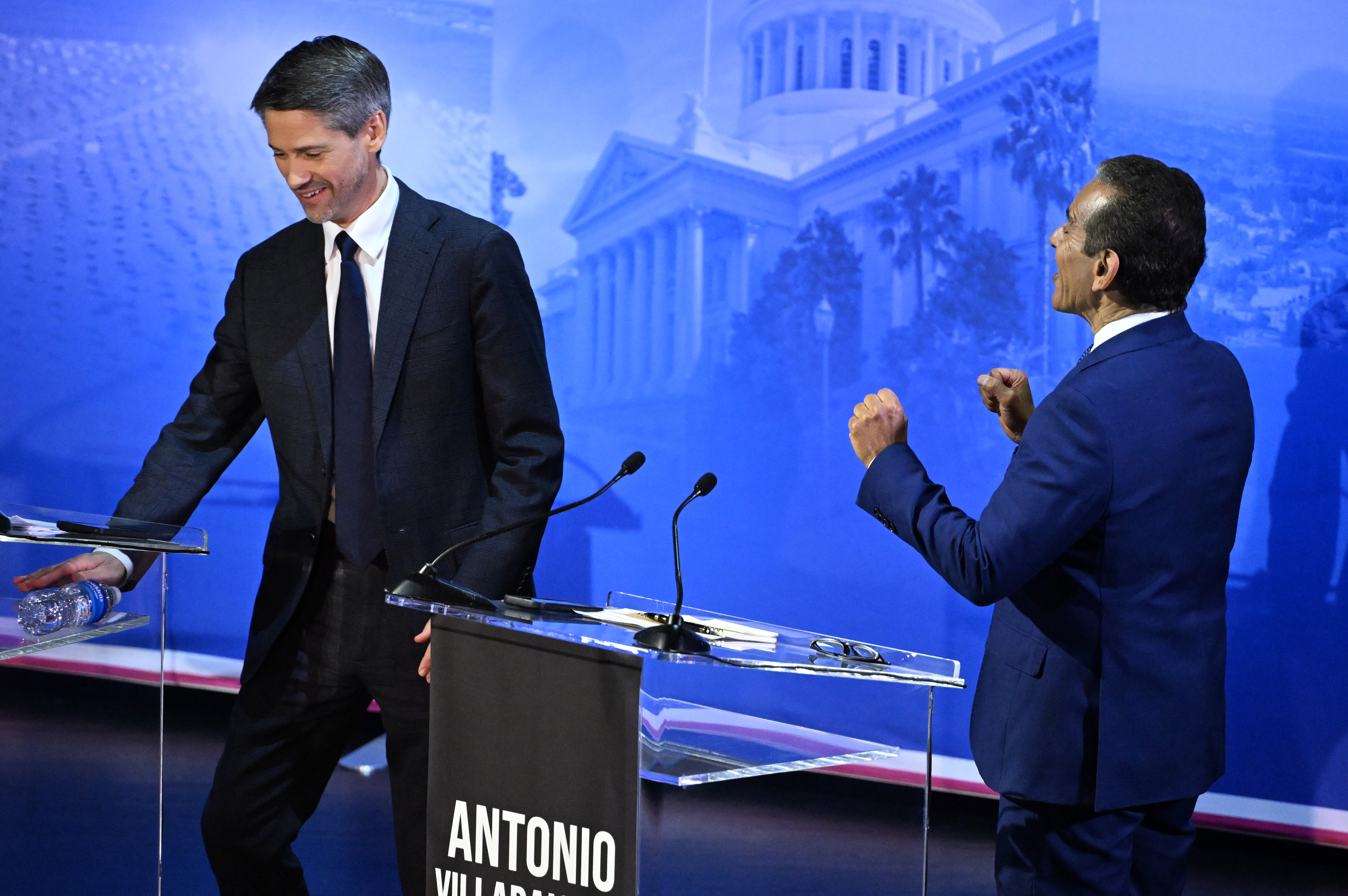California gubernatorial candidate Antonio Villaraigosa and Matt Mahan, left, during...