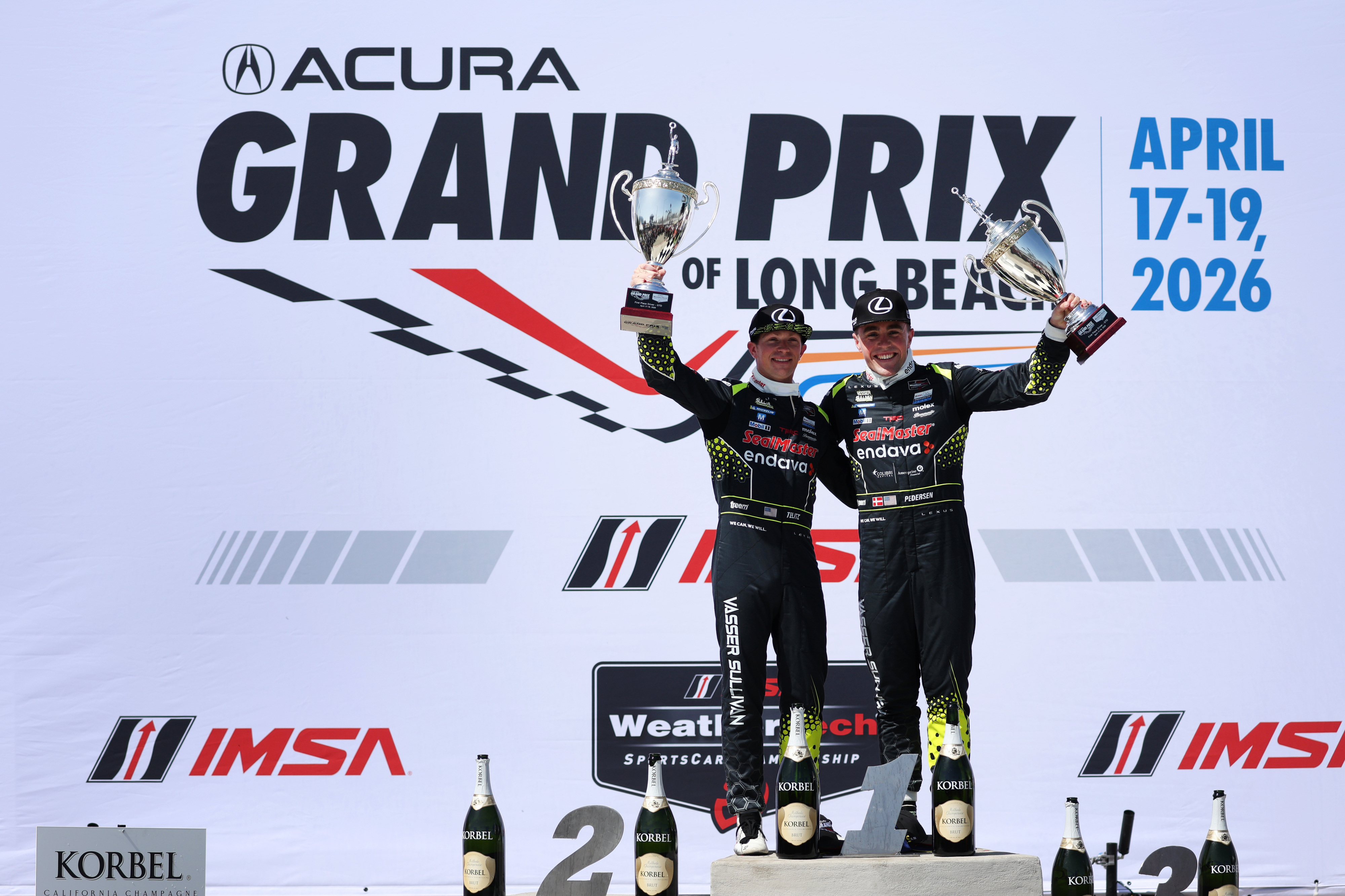 Vasser Sullivan Racing drivers, Aaron Telitz, left, and Benjamin Pedersen,...