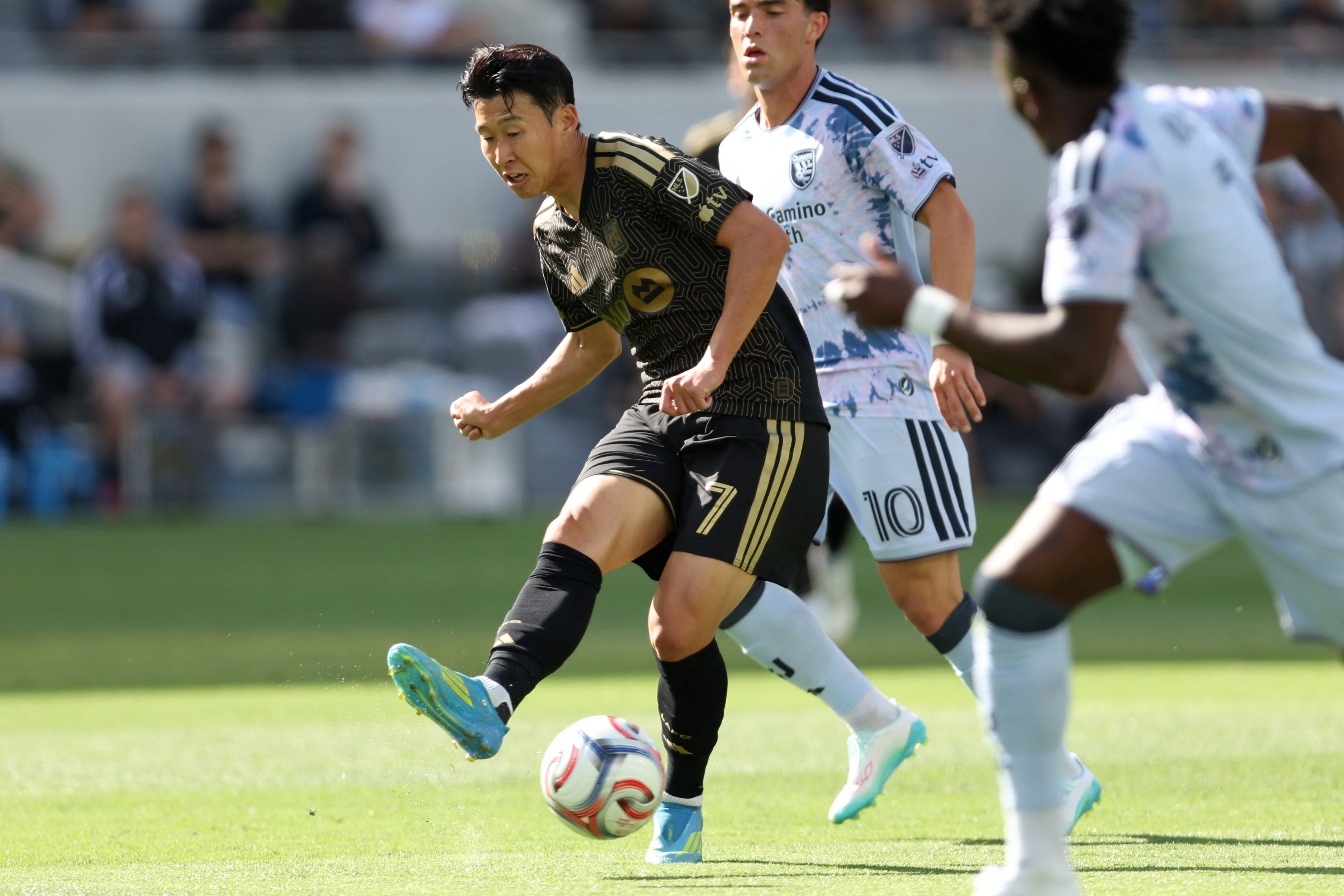 LAFC forward Son Heung-Min (7) kicks the ball against the...