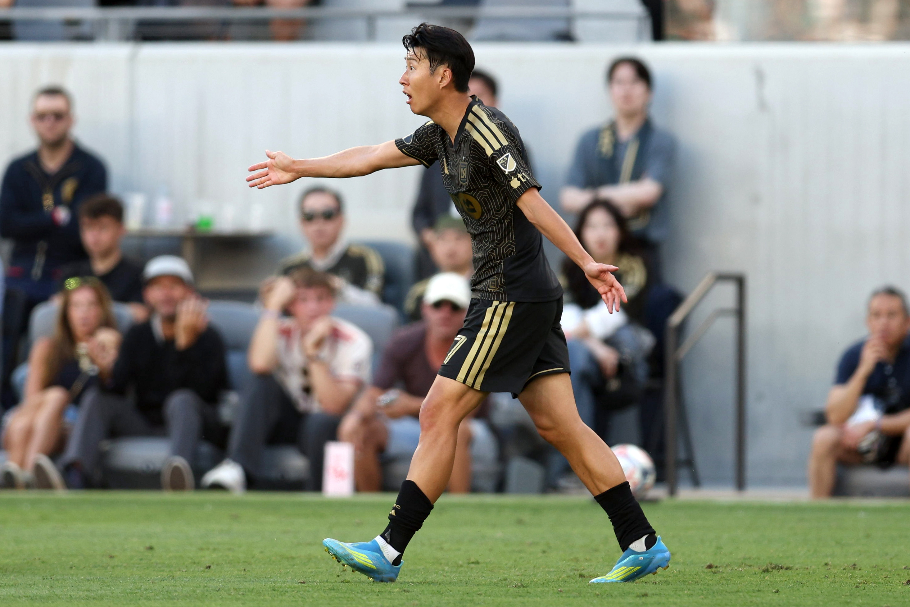 A frustrated LAFC forward Son Heung-Min reacts to a call...