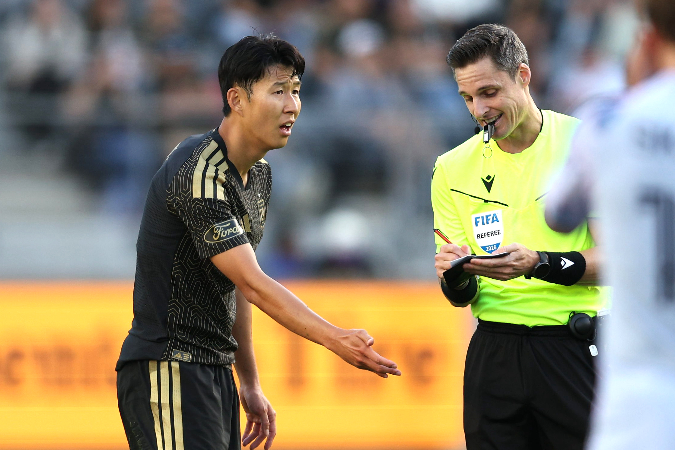 LAFC forward Son Heung-Min argues with the referee during the...