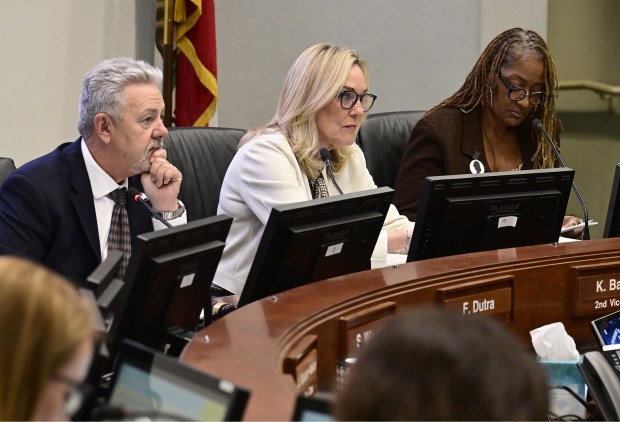 (Left to right) LA Metro board chair Fernando Dutra, Kathryn Barger and Holly Mitchell listen to discussion about the Sepulveda Pass Transit project, that went on to be approved by the Metro board today Jan. 22, 2026 in Los Angeles, CA. (Photo by John McCoy, Contributing Photographer)
