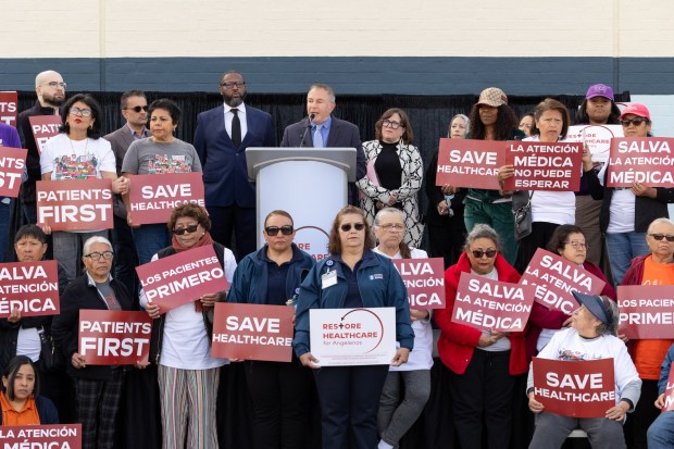 Jim Mangia, president and CEO of St. John's Community Health, leads a group of clinics and healthcare workers called the Restore Healthcare for Angelenos coalition at a rally in Venice for a sales tax measure that would raise backfill dollars in LA County cut by H.R. 1. (image courtesy of Restore Healthcare for Angelenos) 
