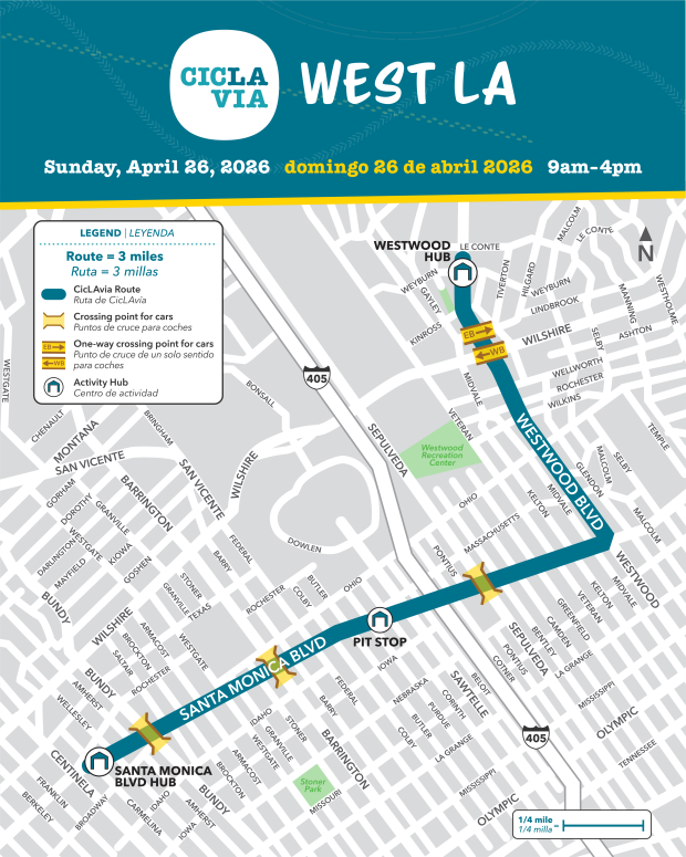 Click for a bigger map: A CicLAvia event on Sunday, April 26, 2026, will close portions of Westwood and Santa Monica boulevards to automobile traffic in West LA. (Map courtesy of CicLAvia)