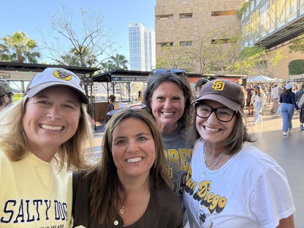 Rebecca Vogel (right) catches a Padres game with La Jolla Elementary School staff members. She says teamwork is one of her top priorities as a principal. (Provided by Rebecca Vogel)