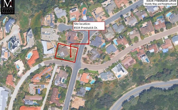 A presentation from Marengo Morton Architects shows the location of 8504 Prestwick Drive. Plans to replace the current one-story home with a larger one got thumbs up from the La Jolla Shores Permit Review Committee. (Screenshot by Noah Lyons)