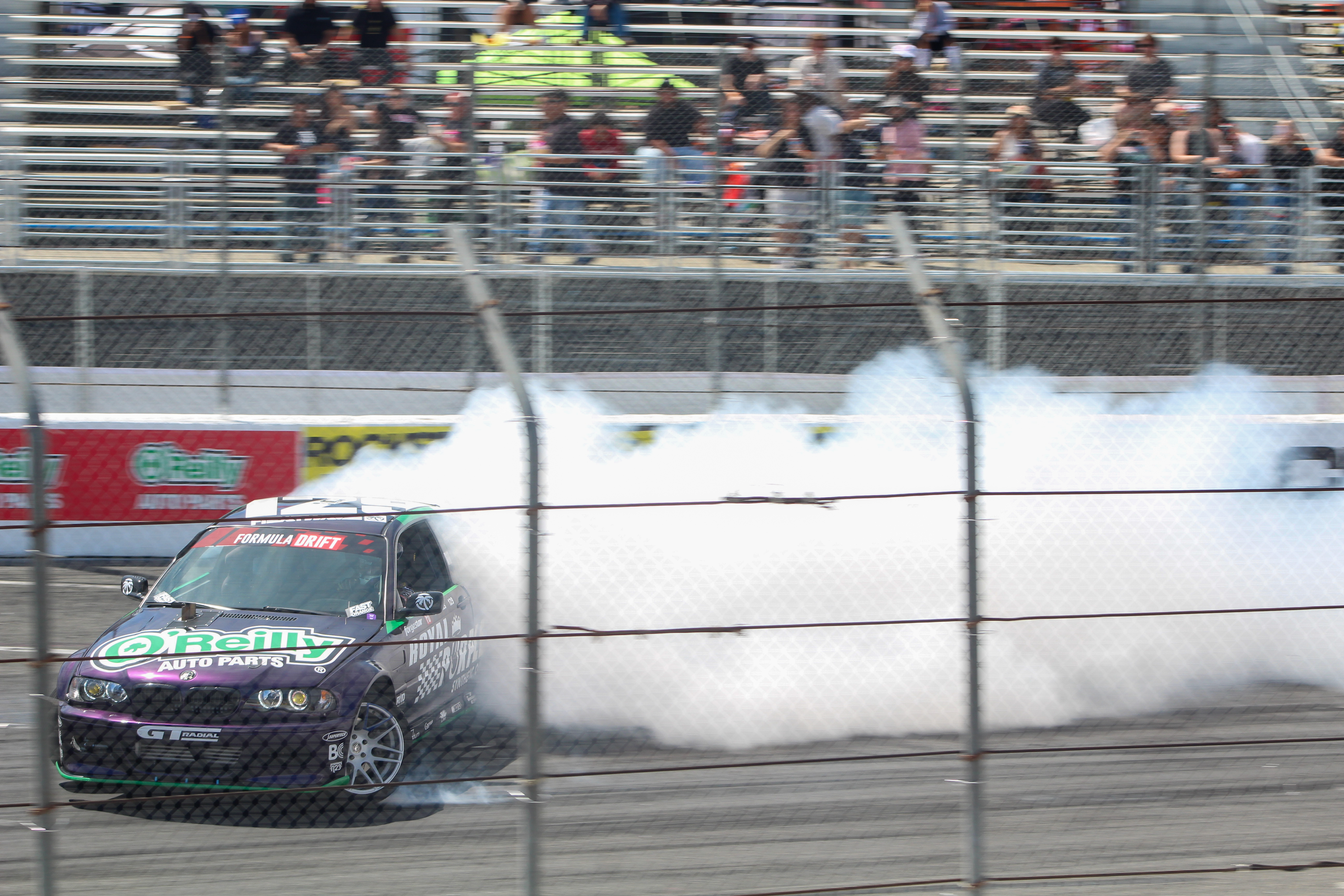 Driver Dylan Hughes in the Royal Purple BMW 2JZ during...