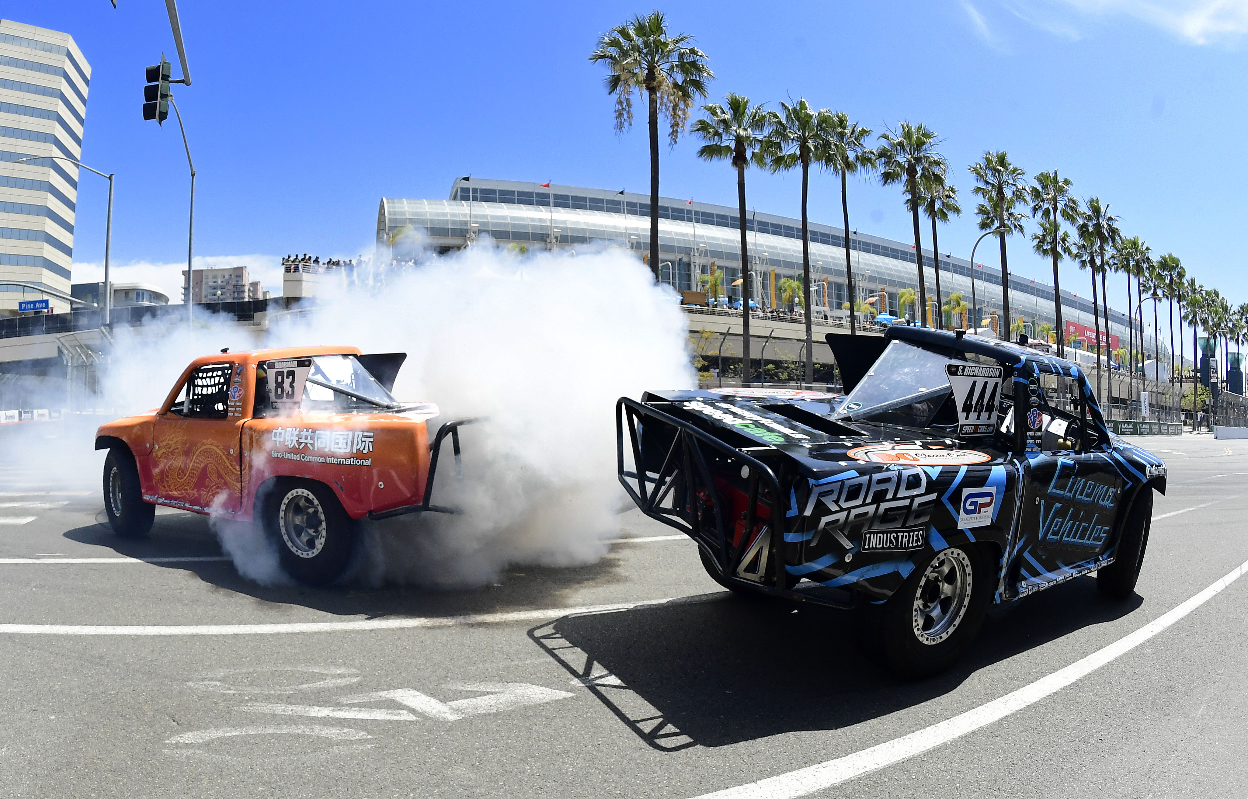 Stadium Super Trucks drivers Shaun Richardson, right, and race winner...