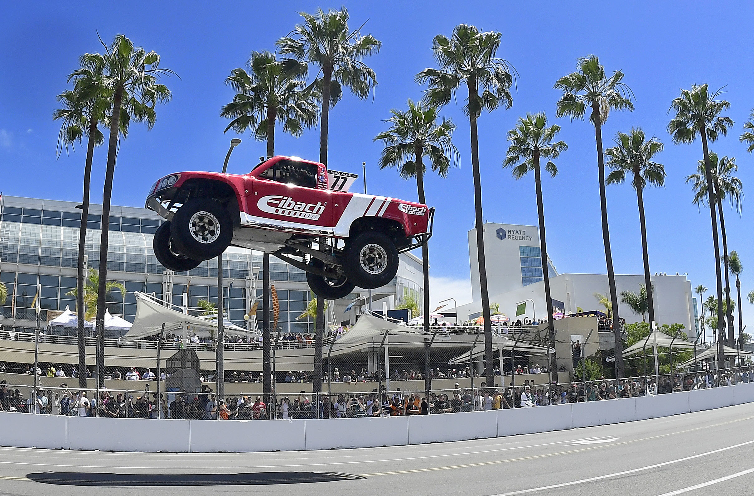 Stadium Super Trucks driver Max Gordon flies off a jump...