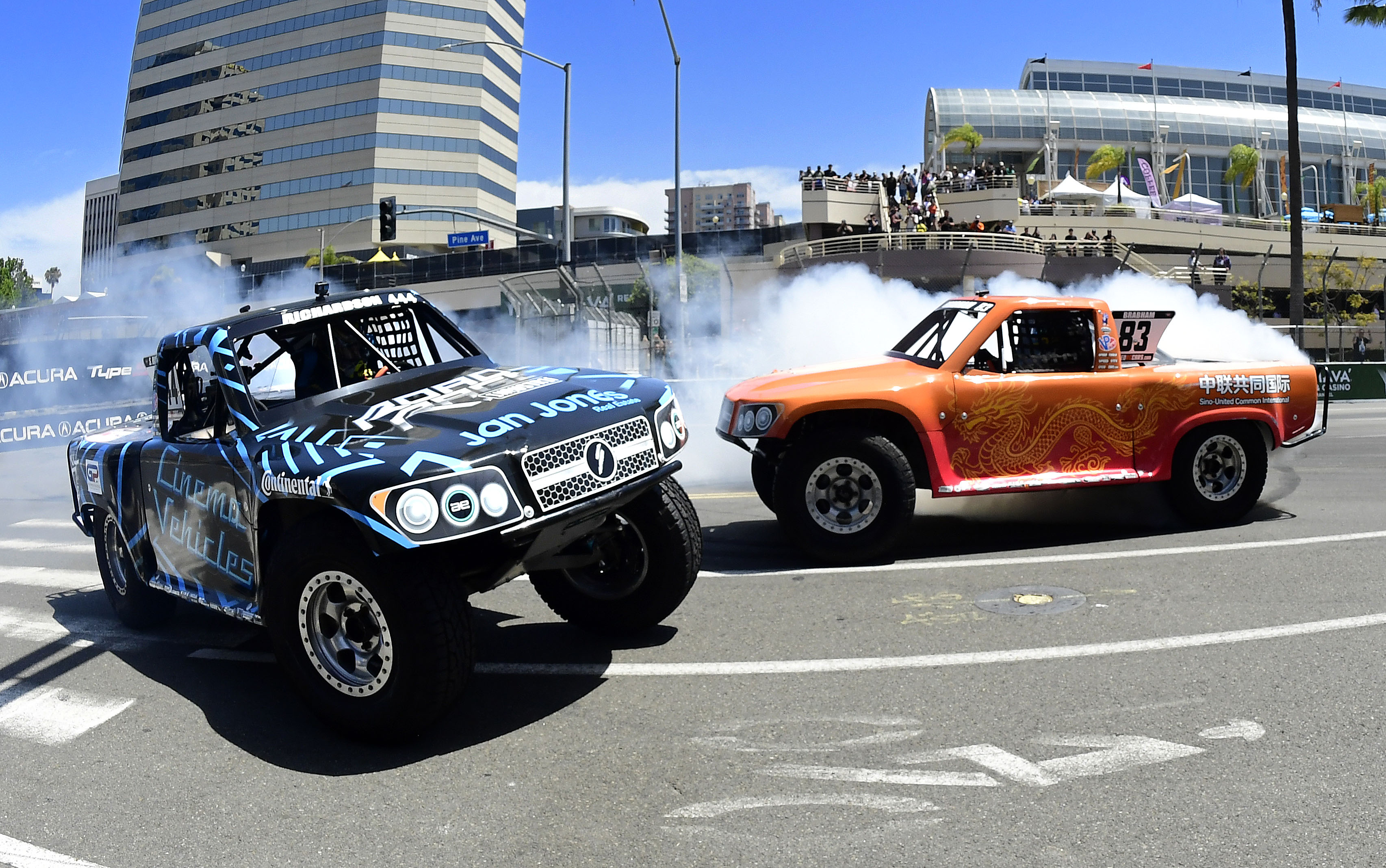Stadium Super Trucks drivers Shaun Richardson, left, and race winner...