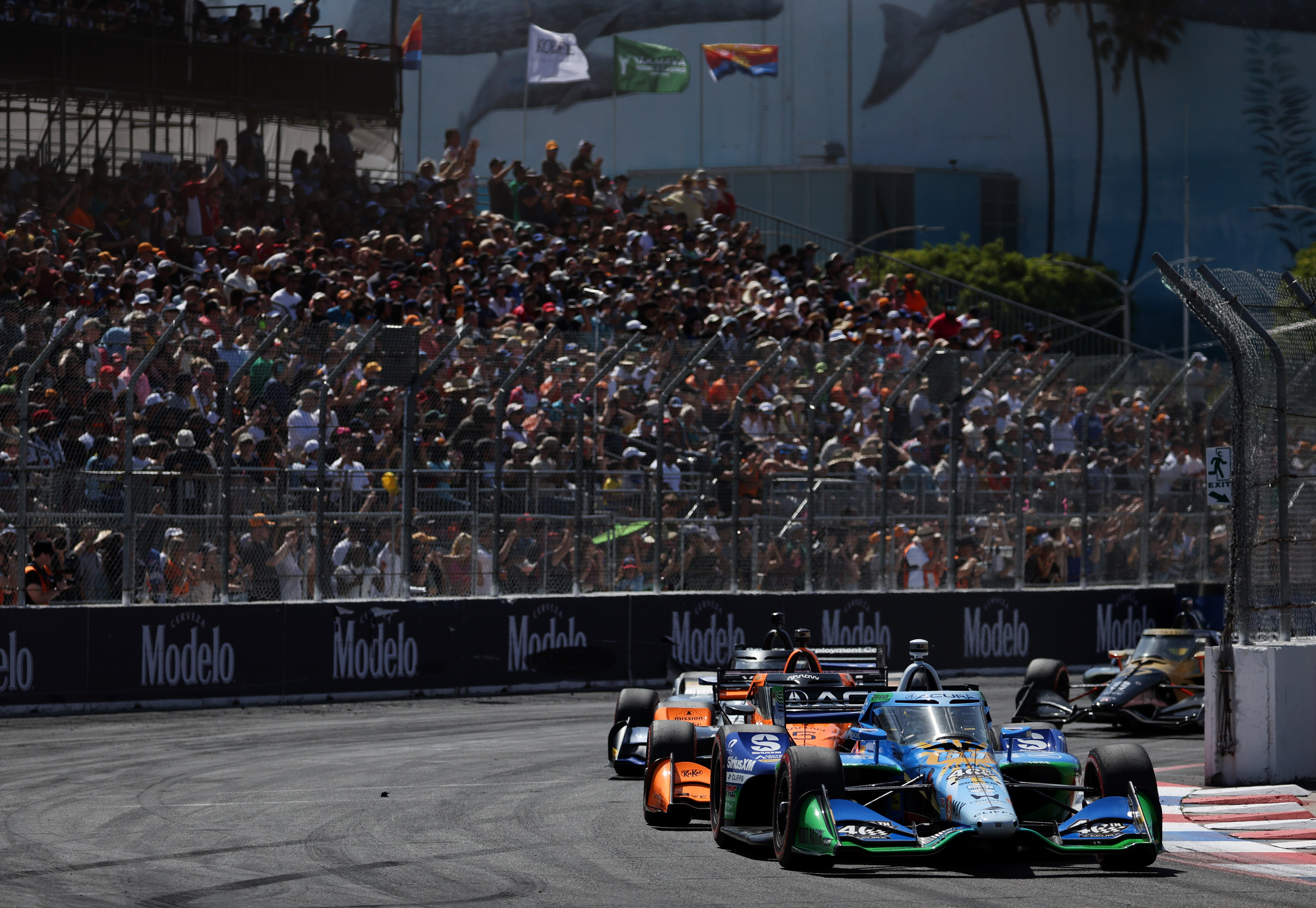 Indycar driver Felix Rosenqvist (60) leads the field on the...