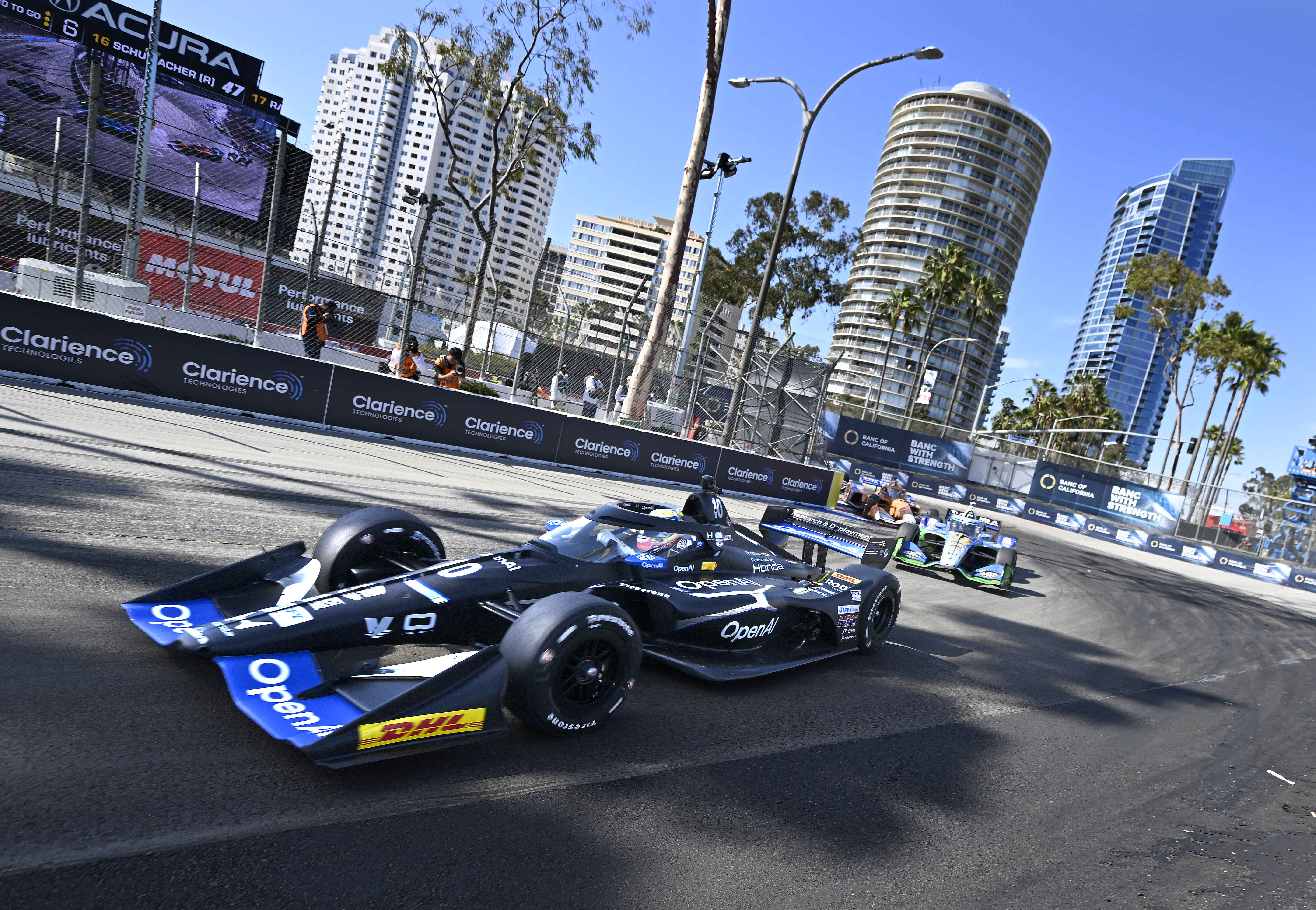 Indycar driver Alex Palou leads Felix Rosenqvisst out of the...