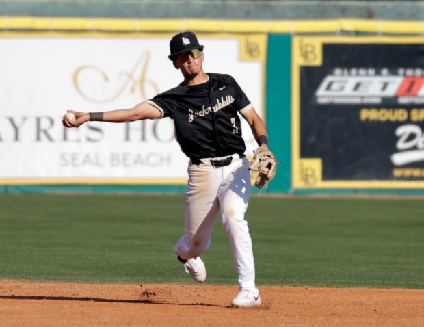 Long Beach Poly's Tate Hammond (3) throws to first as the Jackrabbits take on St. Anthonys in Long Beach, CA, on Monday, March 23, 2026. (Photo by Tracey Roman, Contributing Photographer)