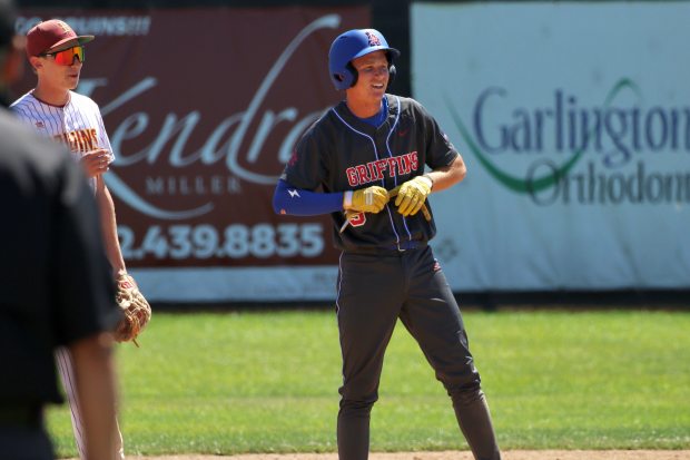 Los Alamitos senior Rowan Shelley looks towards his bench after his 10th inning double knocked in what proved to be the winning run in a 5-2 win over Wilson on Saturday, Apr. 11, 2026, at Wilson High School in Long Beach. (Photo by Howard Freshman, Contributing Photographer)