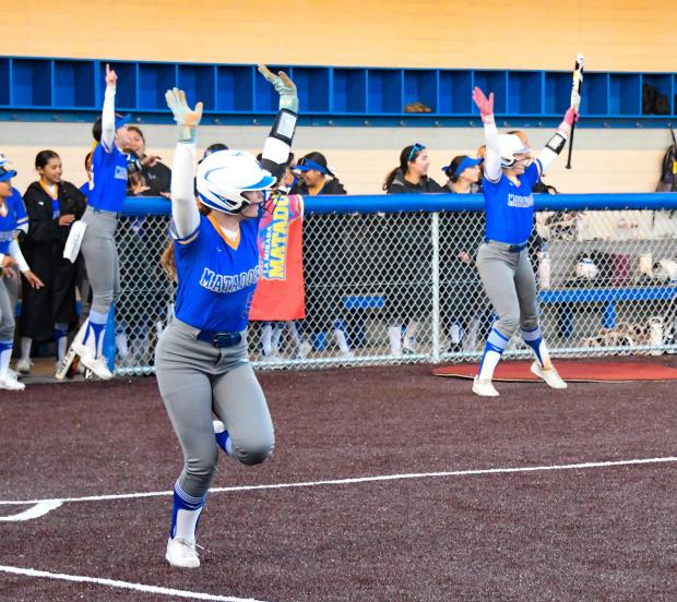 La Mirada's Reese Hilliard (55) hits a home run against Fullerton during their first home game of the season on Thursday March 13, 2025. (Photo by Keith Durflinger, Contributing Photographer)