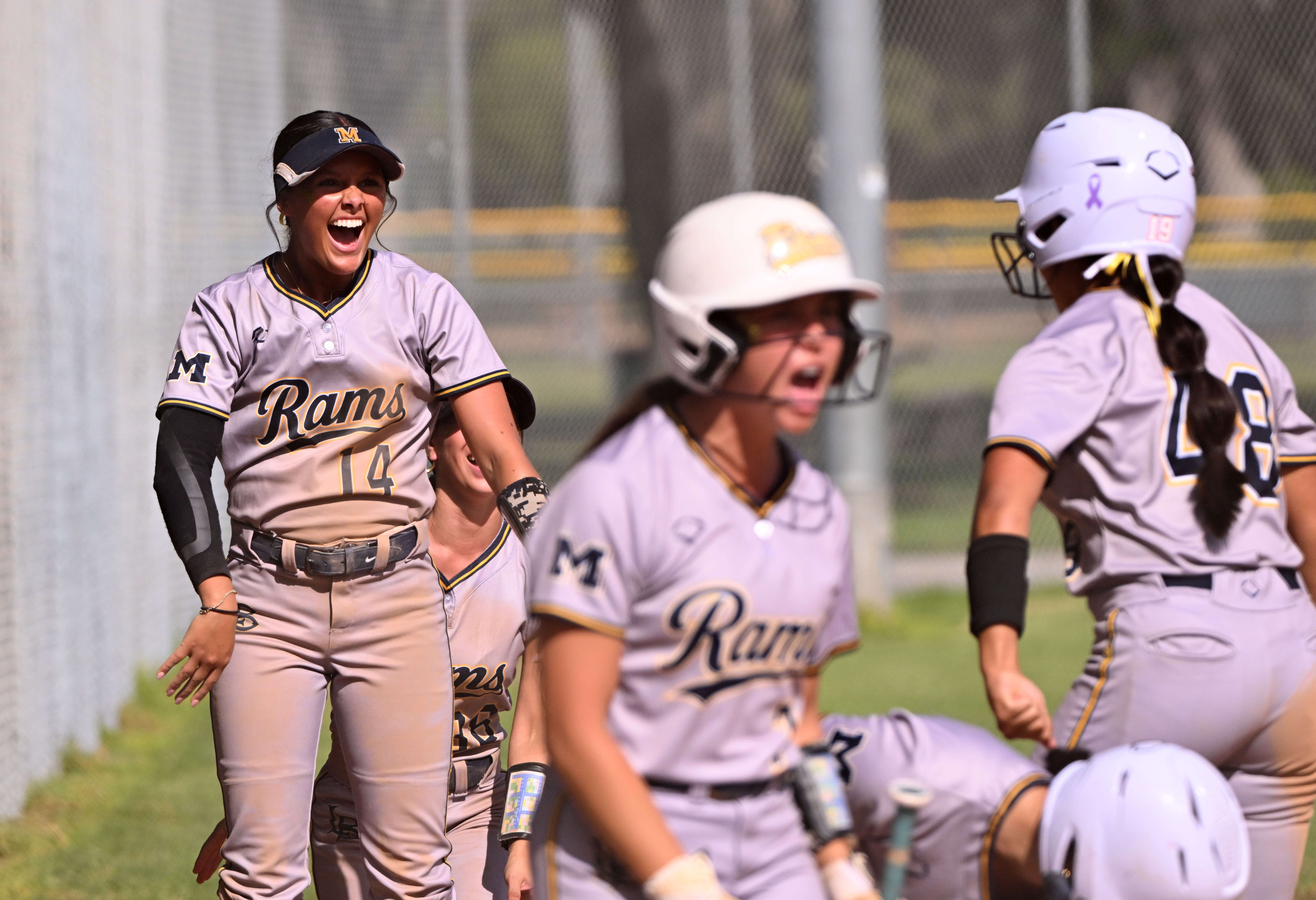Kayla Cisneros #14 of the Millikan Rams reacts along with...