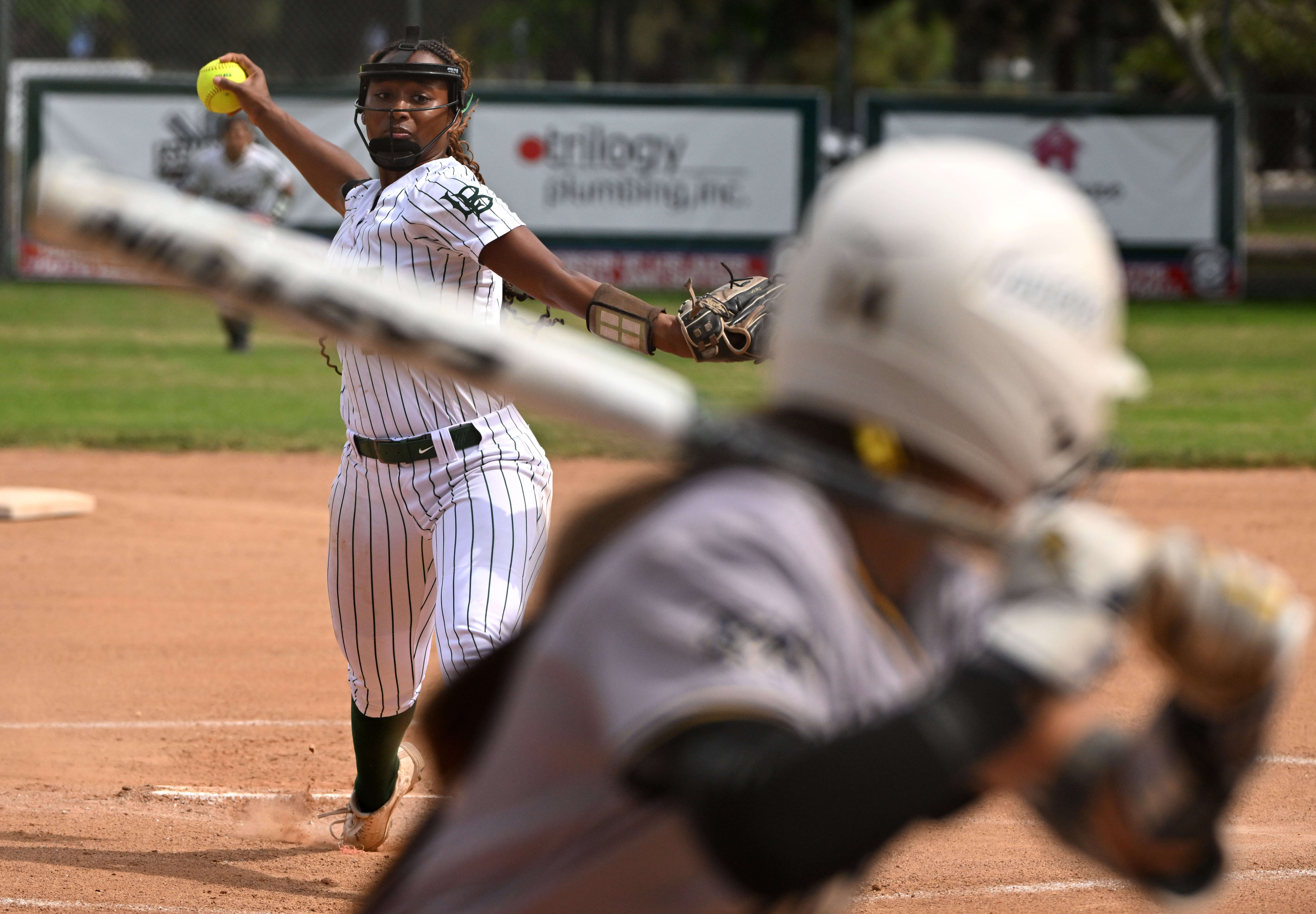 Starting pitcher Tegan Breaux #19 of the Long Beach Poly...