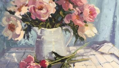 painting of pink and cream flowers in a white pitcher on table